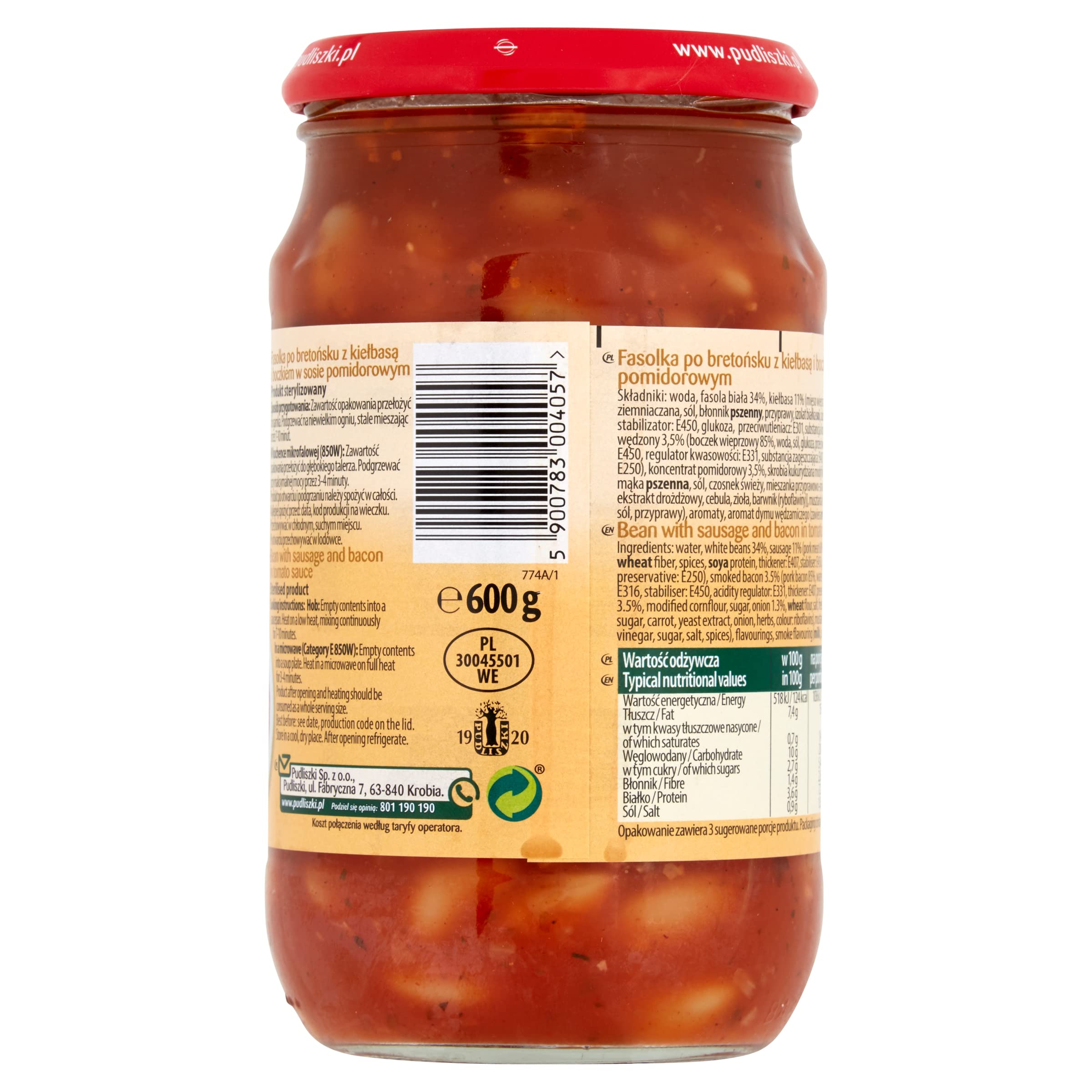 Pudliszki Fasolka Fagioli, salsiccia e pancetta, 600 g (confezione da 8)