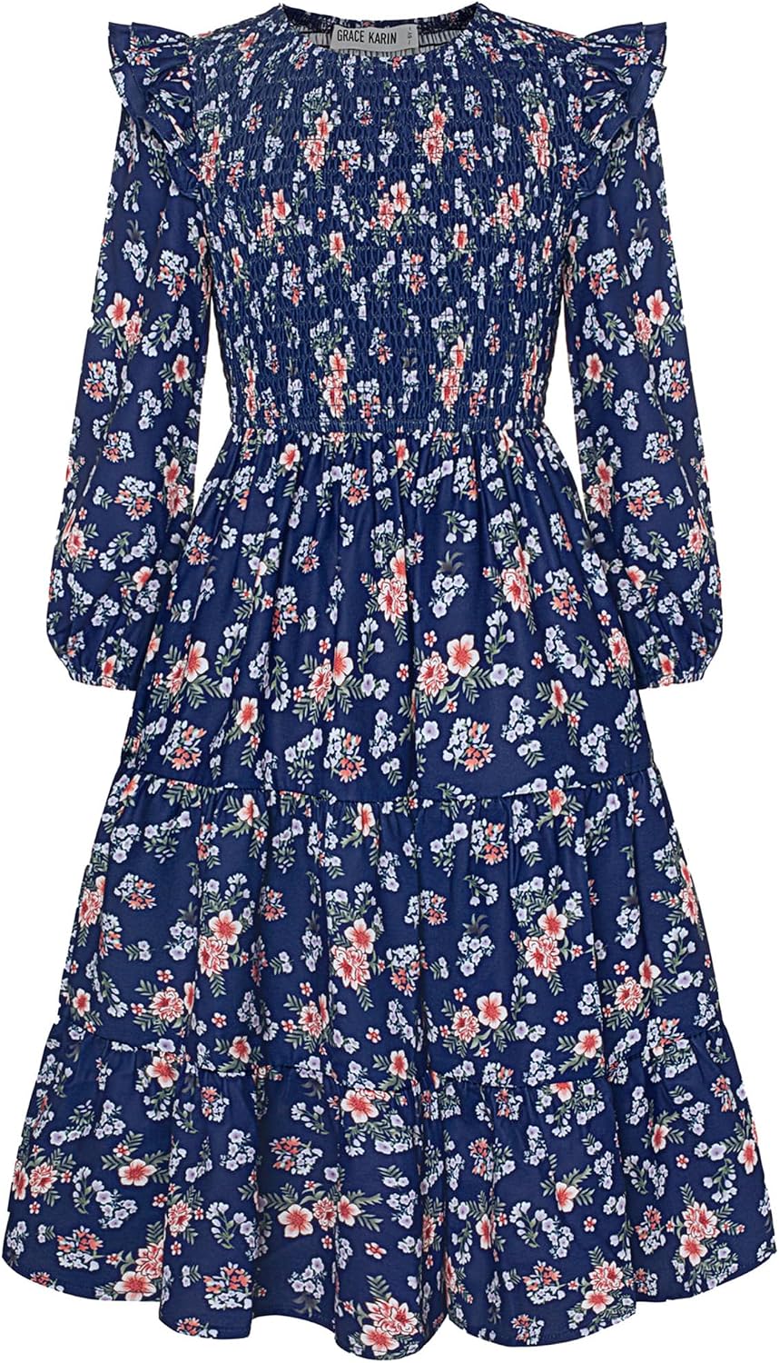 GRACE KARIN Girls Long Sleeve Fall Floral Dress Ruffle Round Neck Smocked Layered Hem