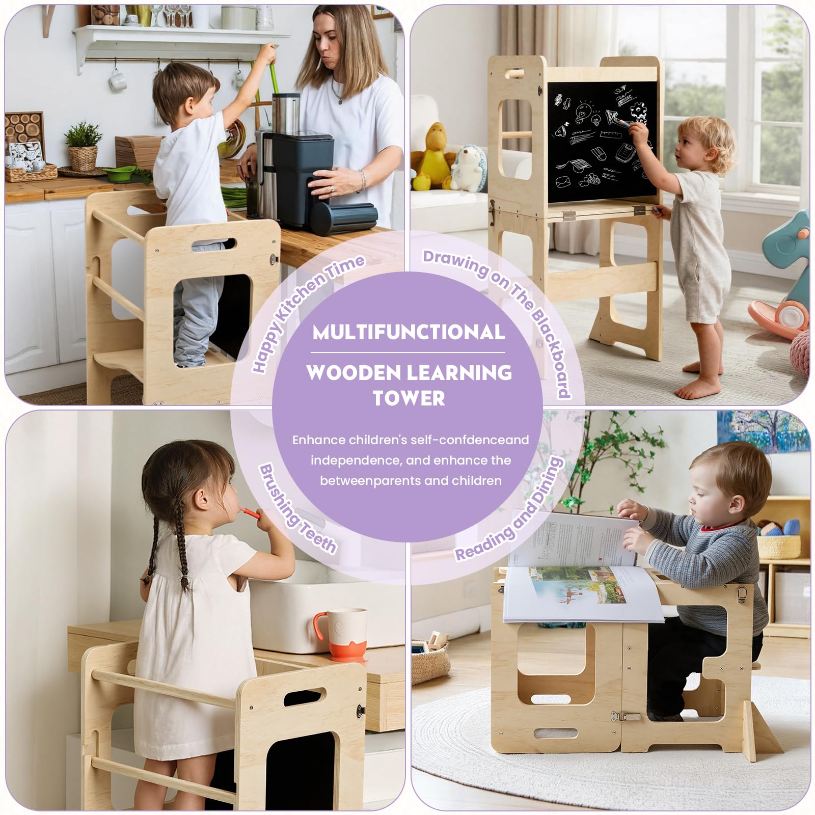Labebe 4 in 1 Pieghevole Torre di Apprendimento Montessori per Bambini con Lavagna Nera Legno Anti-Ribaltamento 18 Mesi
