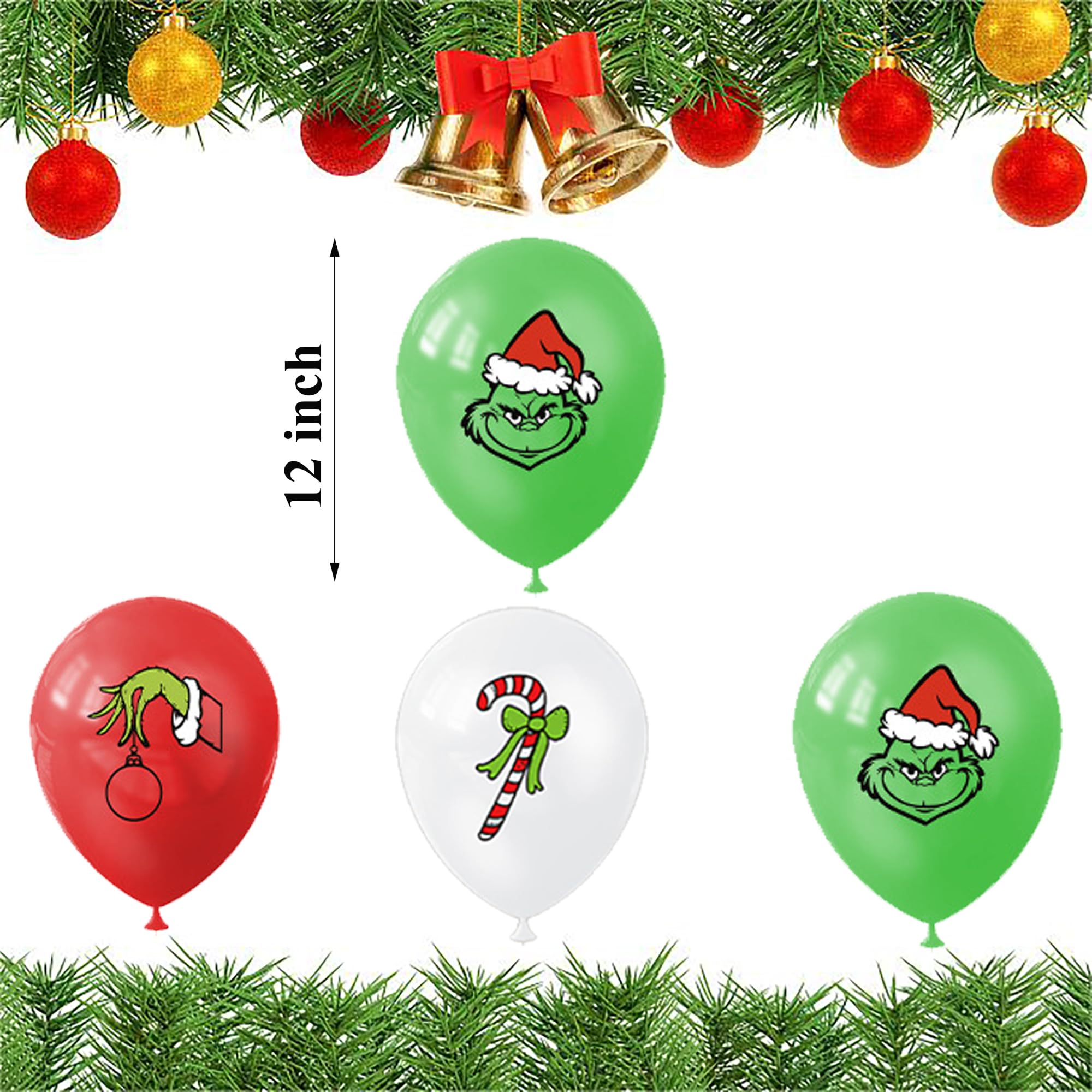 Set di 33 palloncini natalizi decorativi, decorazioni per feste a tema natalizio, palloncini rossi verdi Grinch, striscioni natalizi, kit di posizionamento biglietti