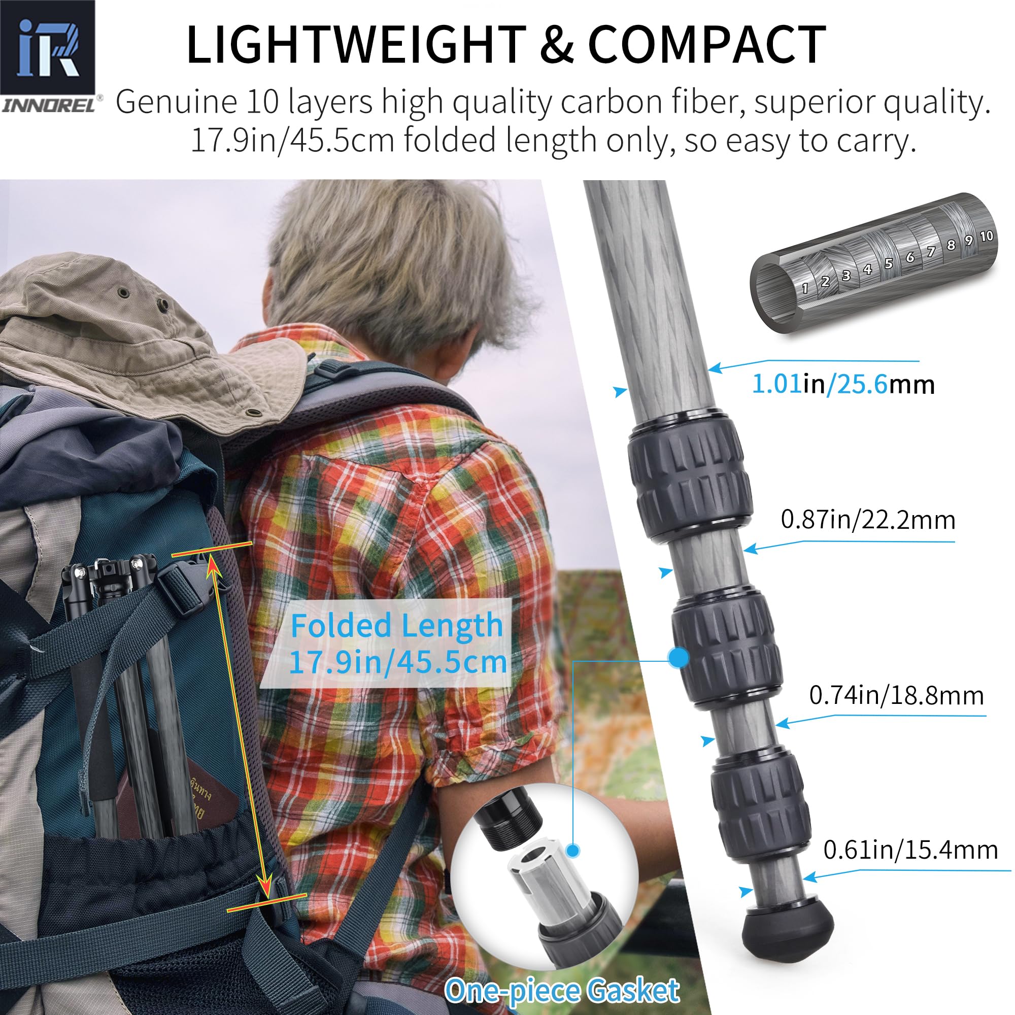 INNOREL RT45C+F10 - Trípode portátil de fibra de carbono de 10 capas profesional, compacto, ligero, trípode para cámara réflex digital, videocámara con mini cabezal de video fluido de amortiguación