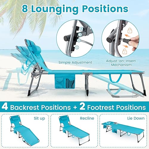 Miniatura 5 de COSTWAY Silla de salón plegable de playa, silla de bronceado con agujero para la cara, respaldo ajustable en 5 posiciones, almohada y bolsillo
