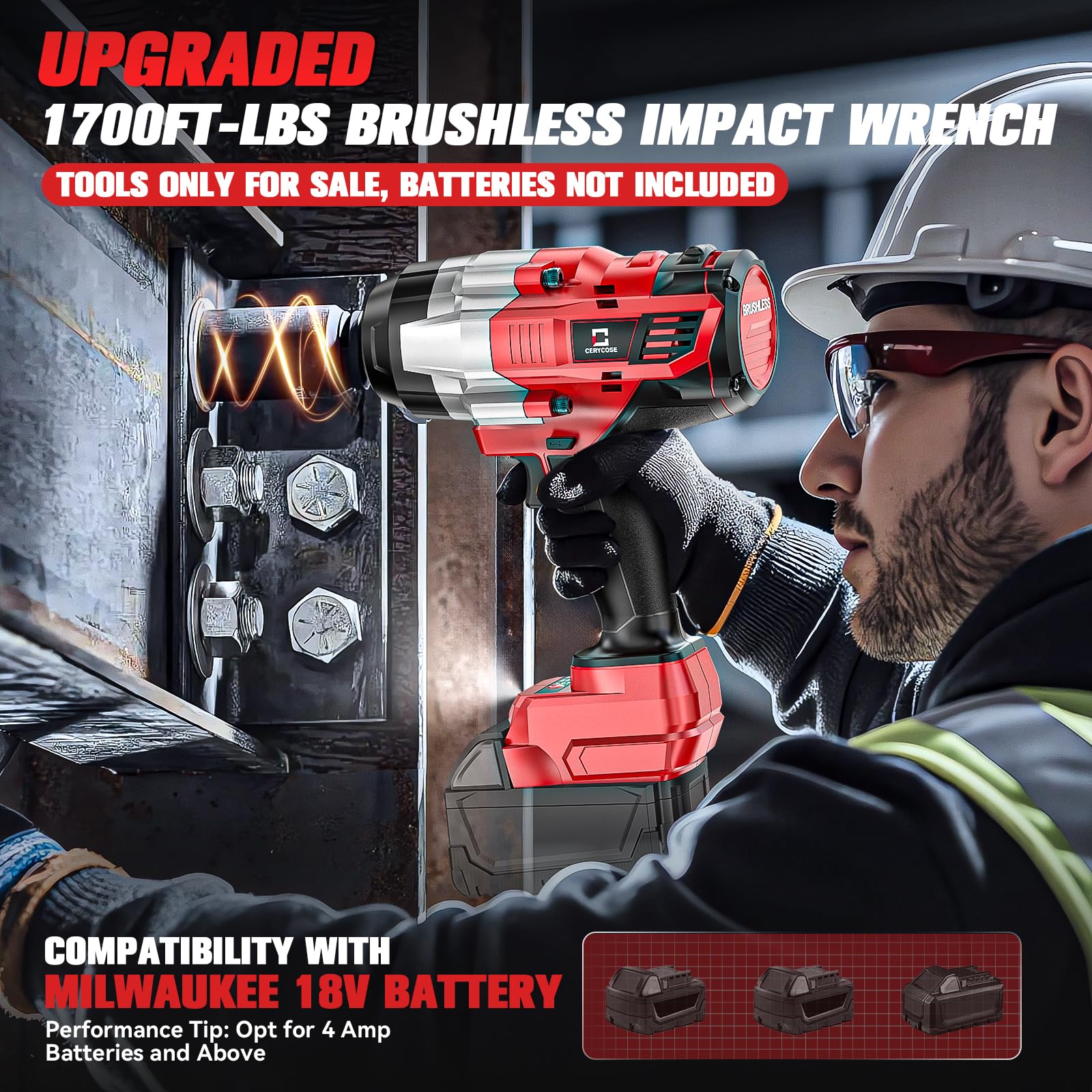 Llave de impacto inalámbrica de 1/2 pulgada para batería Milwaukee de 18 V: llave de impacto de alto par de 1400 pies de libra, herramienta resistente, pistola de impacto eléctrica sin escobillas