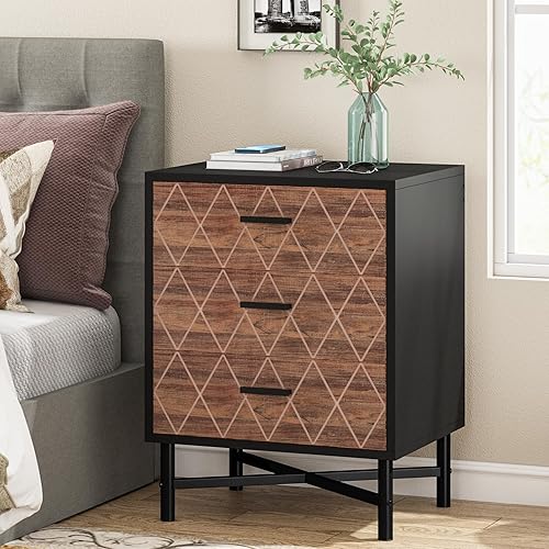 Tribesigns Mesita de noche de 3 cajones, mesa auxiliar de cama grande para dormitorio, mesita de noche moderna con almacenamiento, mesa auxiliar