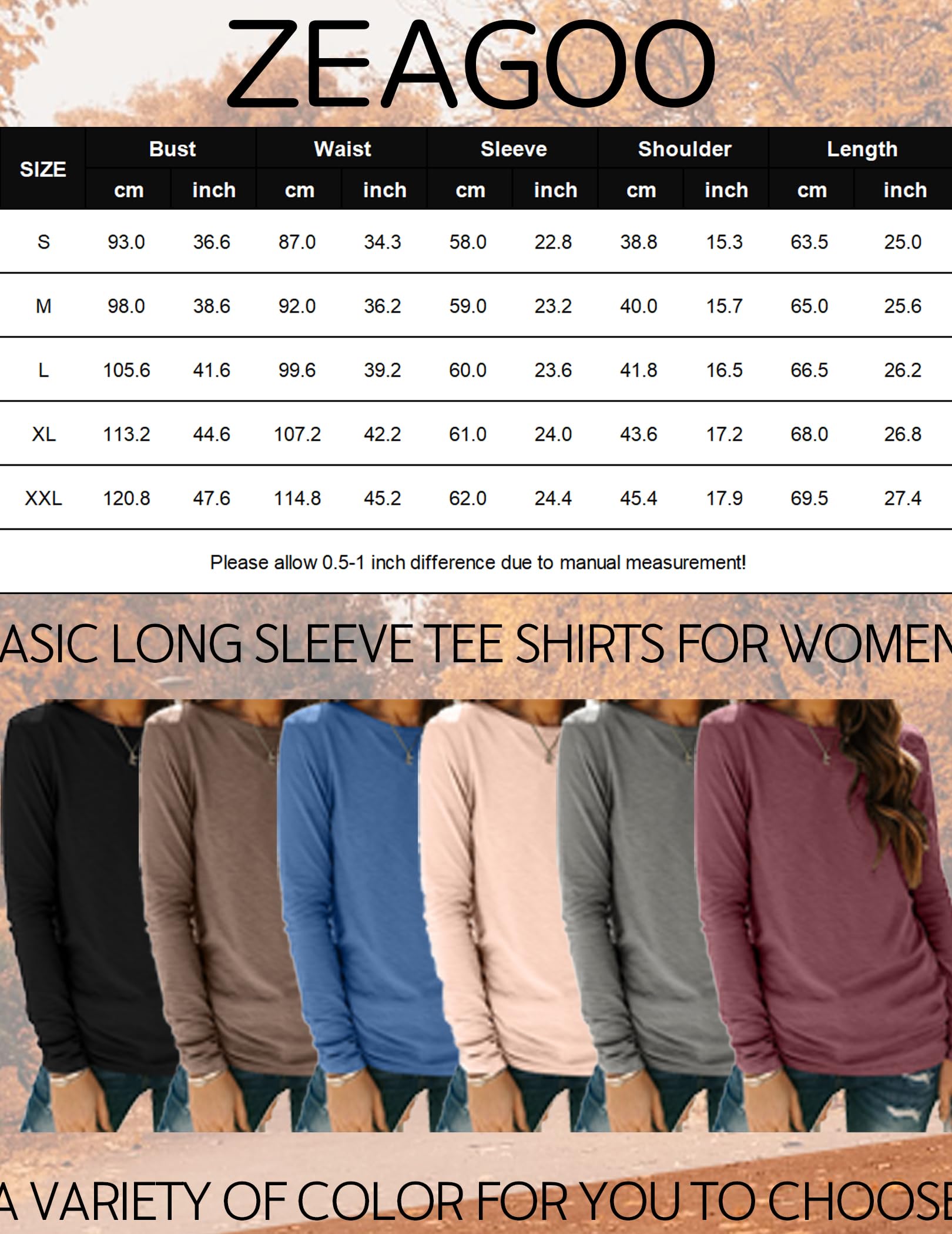 Zeagoo Paquete de 3 camisetas de manga larga para mujer, casuales, suaves, cuello redondo, básicas, ropa de otoño