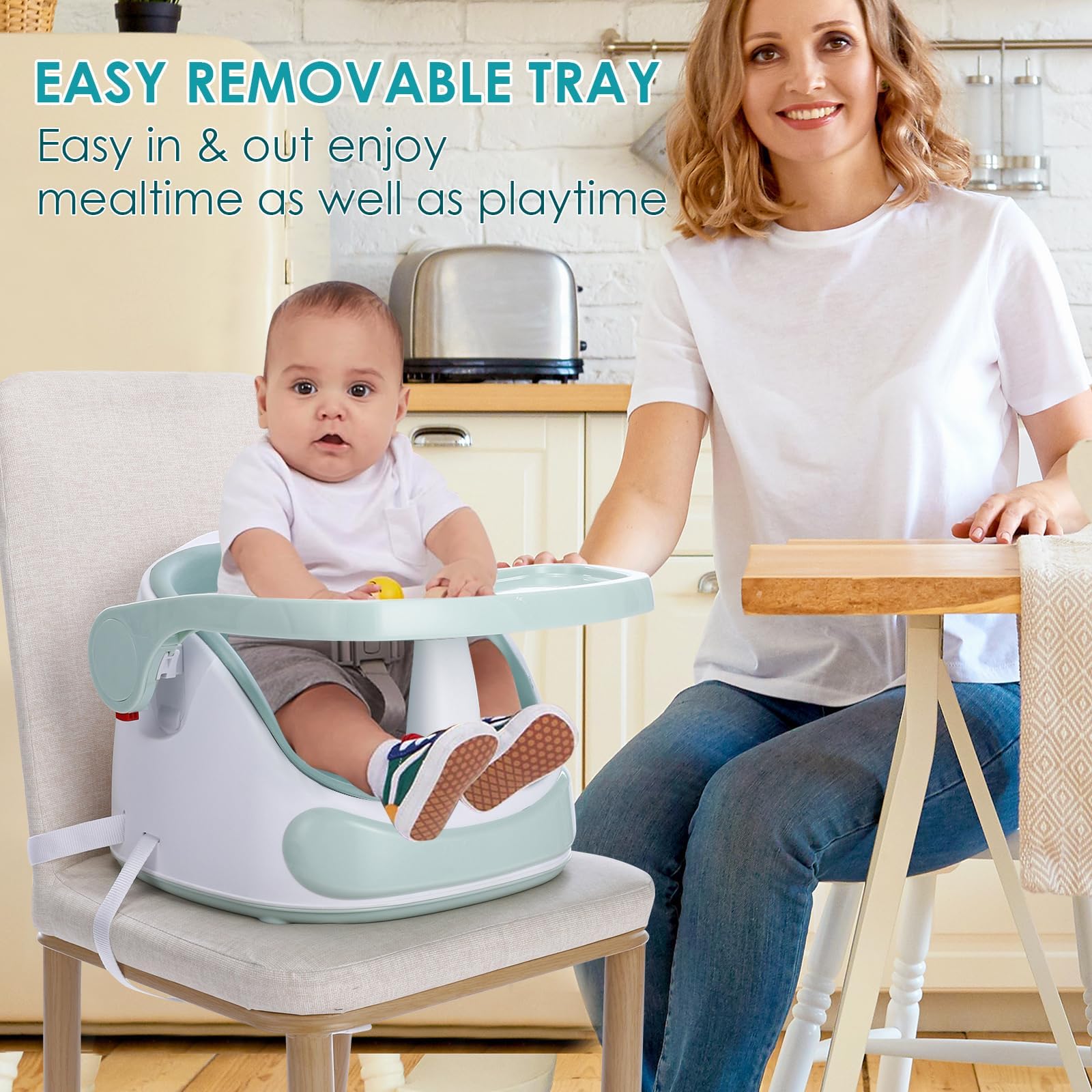 Kindersitzerhöhung,Baby Booster Sitz mit Extra-Großem Tablett, Sicherer & Leichter Tischsitz für Kinder, Baby Sitzhilfe, Einfach zu Reinigen, Weiß (40x47x30 cm)