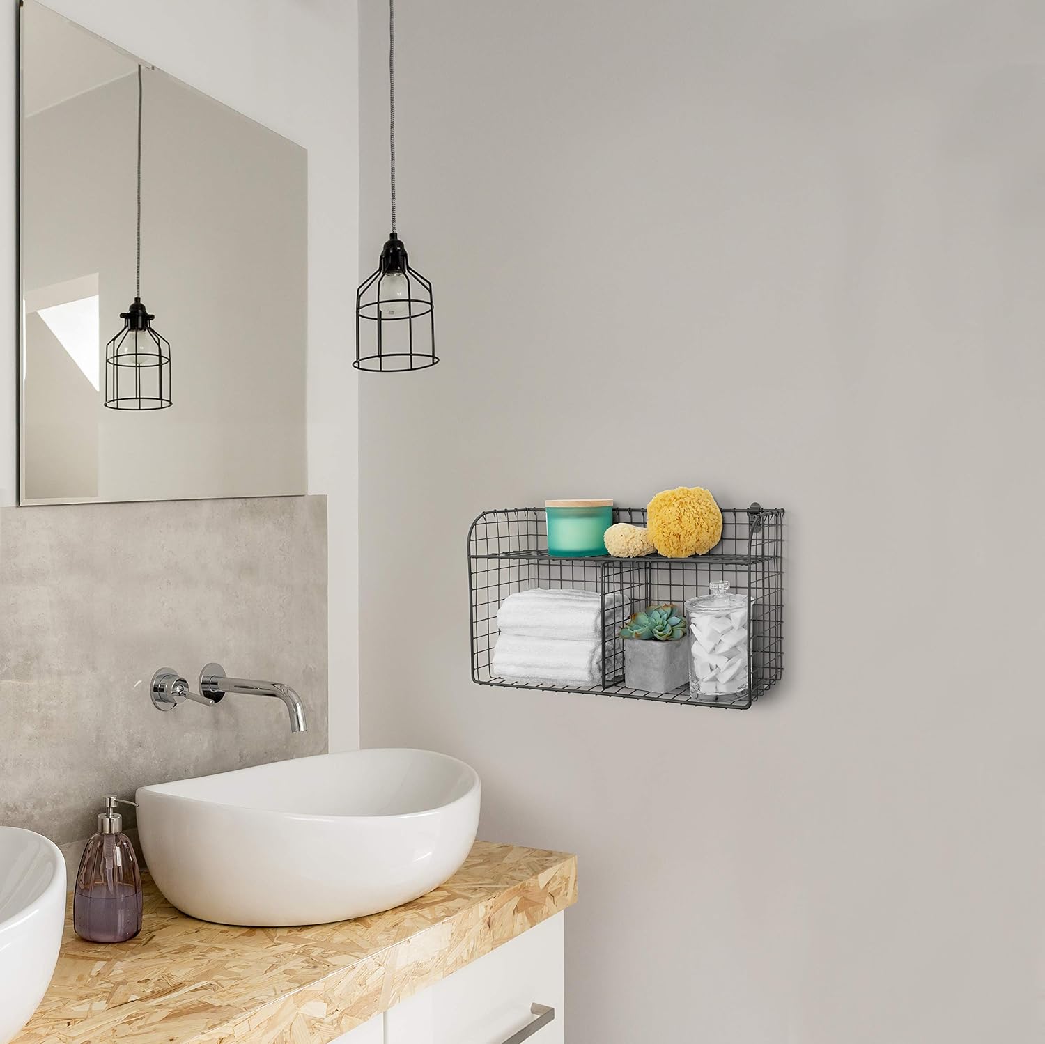 Spectrum 2 Bin Wall Mounted Wire Basket with Shelf Industrial Gray Organizer, Wall Mount Wire Basket Shelves for Kitchen Storage, Vintage Double Bin with Shelf Wall Mount Wire Storage for Organization image 3