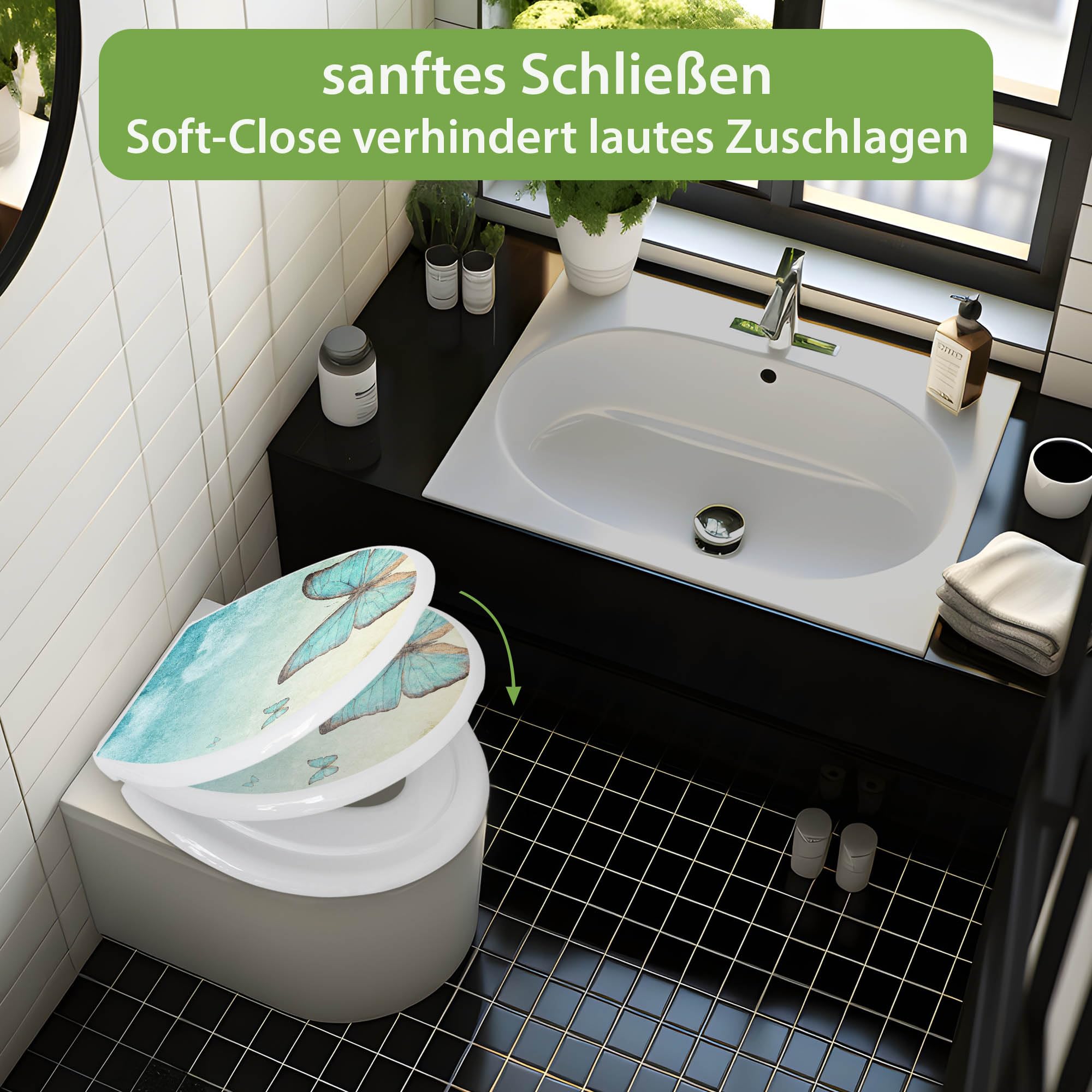 banjado Familien WC Sitz mit Absenkautomatik 44,9x37,1cm - Klobrille mit Kindersitz aus hochwertigem Polypropylen - Toilettendeckel mit Kinder Toilettensitz integriert - Motiv Blaue Schmetterlinge