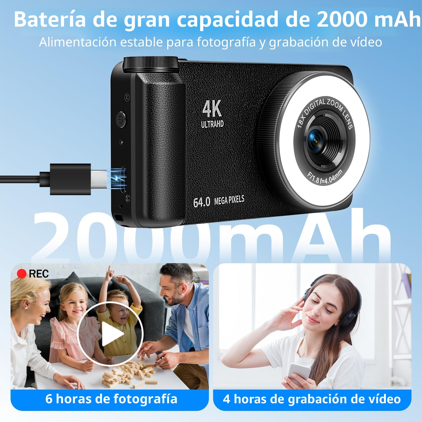 Cámara Digital 4K 64MP con Luz Beauty y Modo Belleza Cámara Digital Portátil con Pantalla Abatible 180° de 3" Zoom Digital 18X con Autofocus Cámara Compacta para Vlogging y Viajes Incluye Tarjeta 32GB