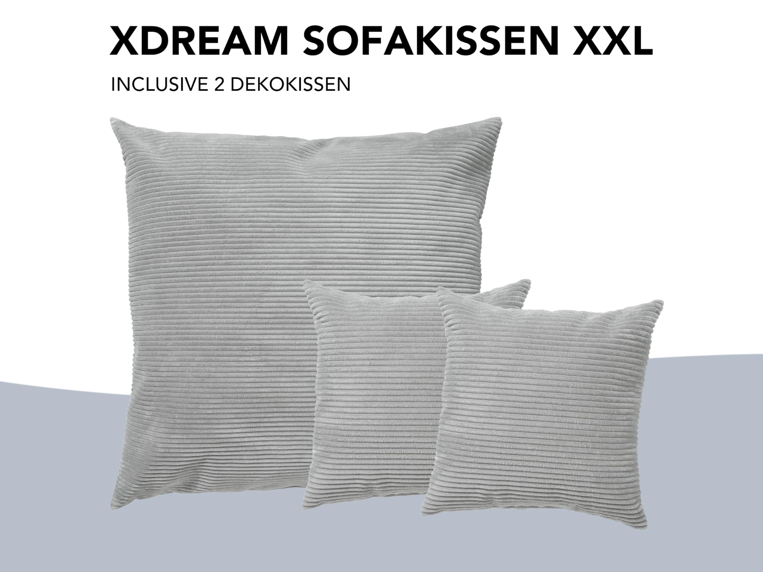 XDREAM XXL Sofakissen aus Cord inkl. kleinem Sofakissen | Gemütliches Sofakissen mit Cord | Liegekissen oder Bodenkissen in Grau | XXL Kissen 90 x 90 cm + 2 Sofakissen 45 x 45 cm