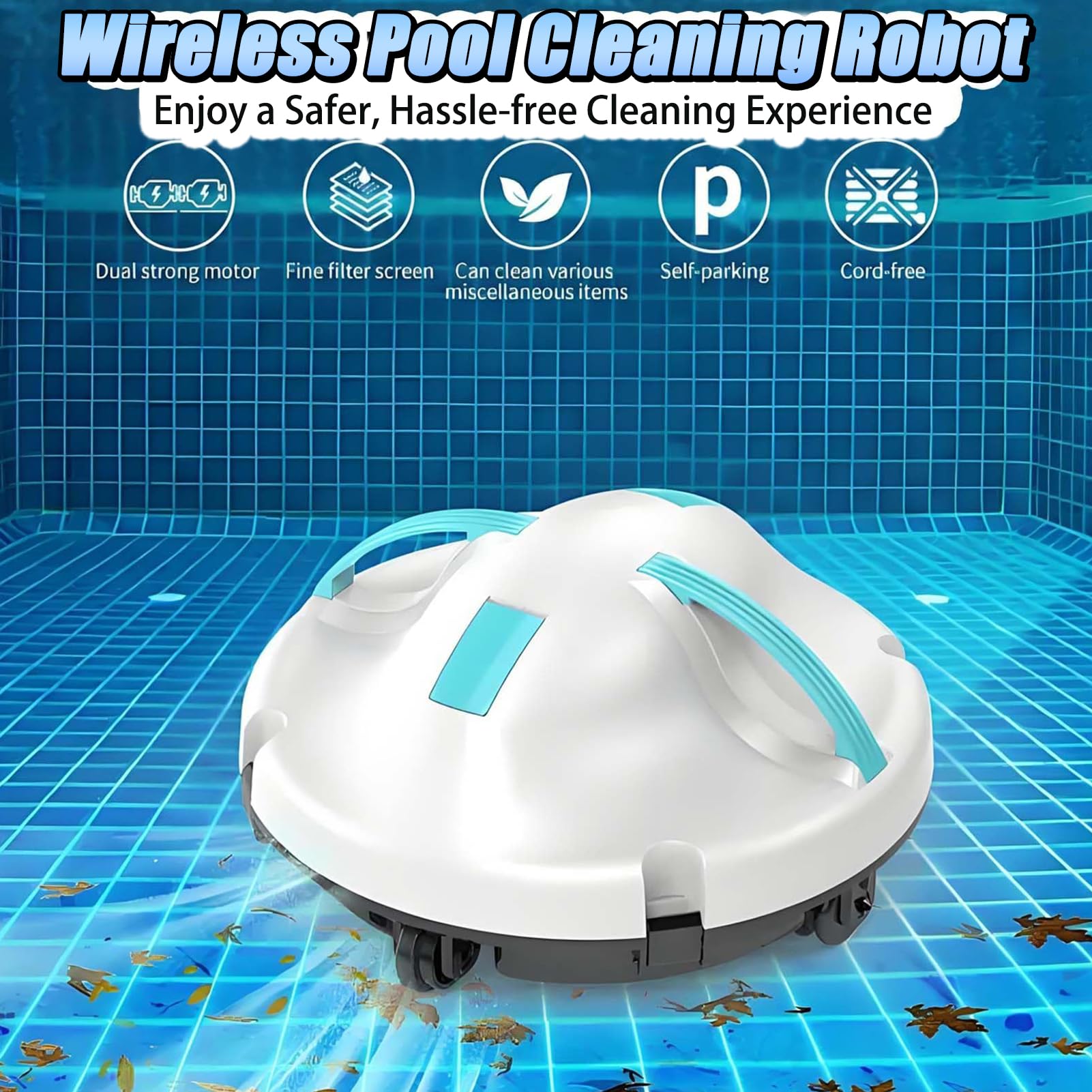 Aspirateur de piscine automatique, robot sans fil avec navigation intelligente et batterie de 5200 mAh, évitement automatique des obstacles, densité de filtre de 180 μm