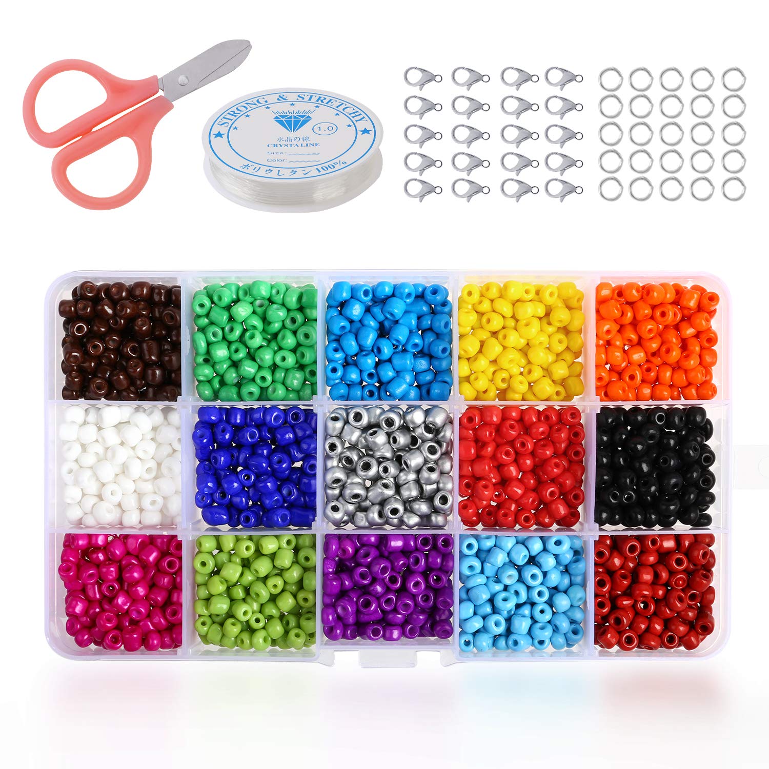 PHOGARY 1500pcs Glass Seed Beads, Mixed Colors Small Pony Beads Assorted Kit Opaque Colors Lustered Loose Spacer Beads, 5mm Round, Hole 1.3mm for Jewelry Making, DIY Crafting (15 Colors)