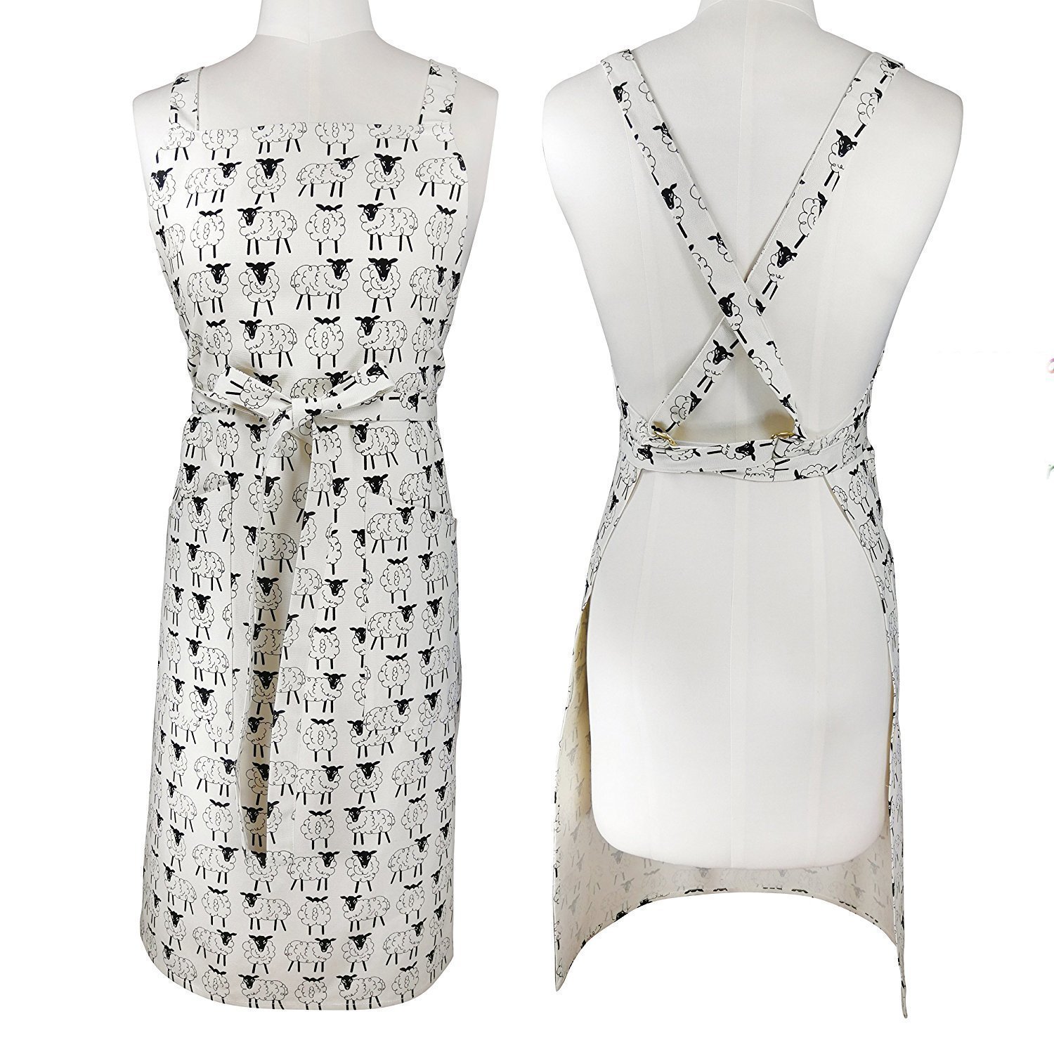 100% Cotton Canvas Apron, Women's Durable Extra Long Cross Back Extra Long Ties With 2 Large Pockets Canvas Apron for Cooking, Baking, Crafting, Gardening, BBQ 26"x37" (Black Sheep)