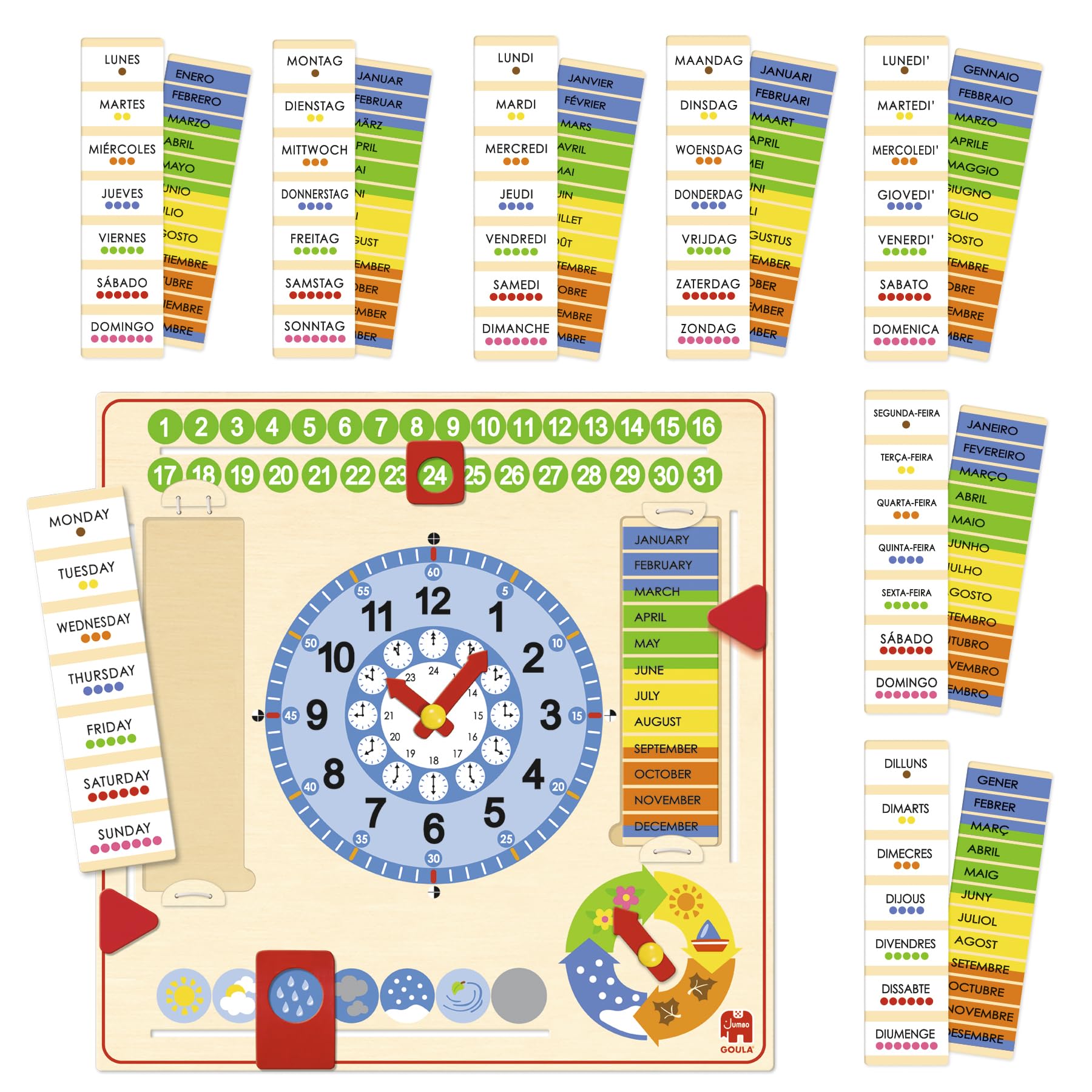Goula Calendario Reloj – Reloj Calendario de Madera – Juguete Educativo para Que los Niños Aprendan la Hora, la Fecha, los Días de la Semana y Las Estaciones – Versión para Pared o Mesa