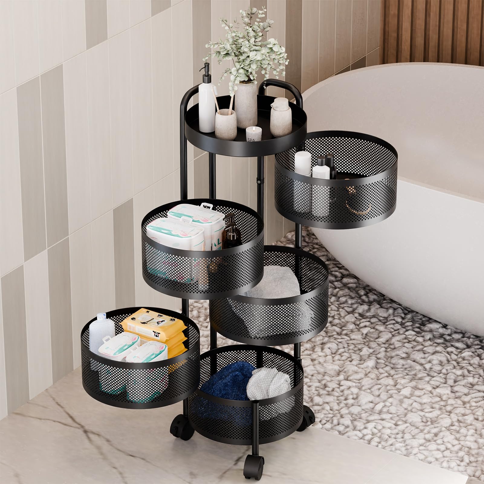 Panier de cuisine rond à 5 étages - Étagère de rangement rotative et mobile en métal pour légumes, fruits et collations - Couleur noire