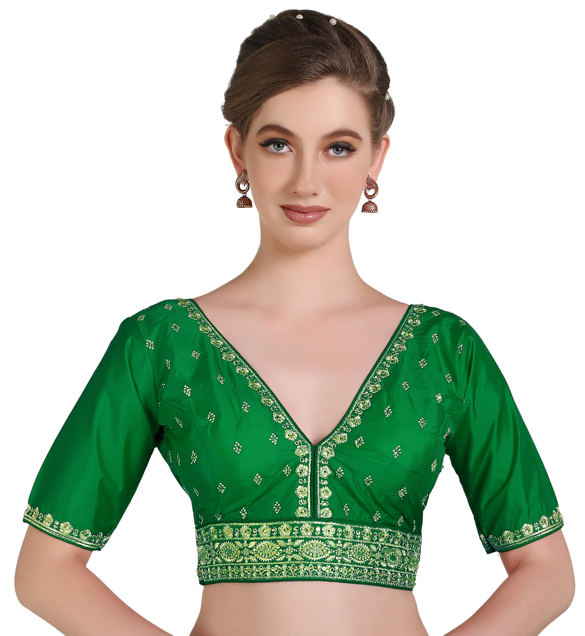 Pujia Mills Woman Readymade Ethnic Wear Deep V Neck Classic Butti Designer Half Sleeve Red Blouse Online Embroidery Zari Work With Diamond Work Border Sadi Blouse
