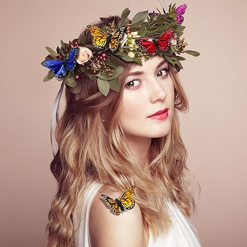 Miniatura 13 de Ysleen Juego de 12 mariposas monarca de Halloween, mariposas artificiales, púas de plumas con alambre para manualidades, flores falsas, suministros