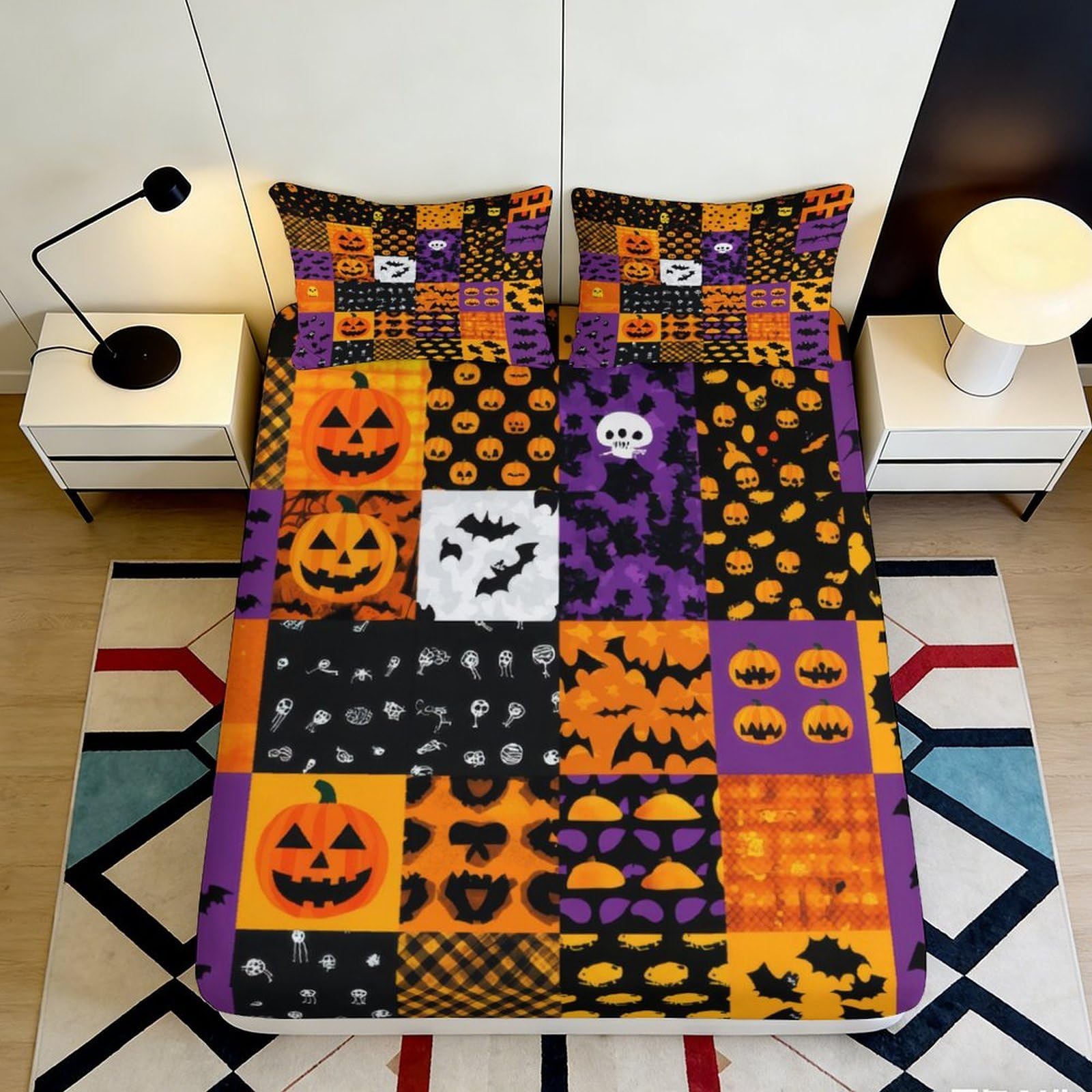 3D Printed Halloween Pumpkin Fitted Sheet Microfiber Soft Breathable Skull Bed Sheet for Bedroom Dormitory Guest Room Mattress Protection Decor 200x200x25cm