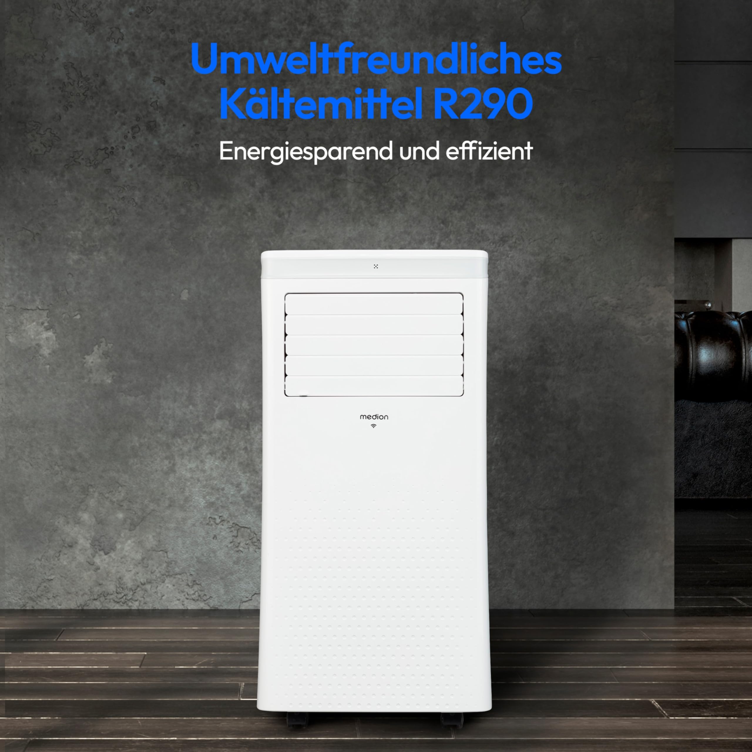 MEDION Smarte Mobile Klimaanlage mit Abluftschlauch P1002 (10000 BTU, mobil, inkl. Fensterabdichtung, bis 34m², 3in1 Kühlen Entfeuchten Ventilieren, App- und Sprachsteuerung, Schlafmodus, MD 37733)
