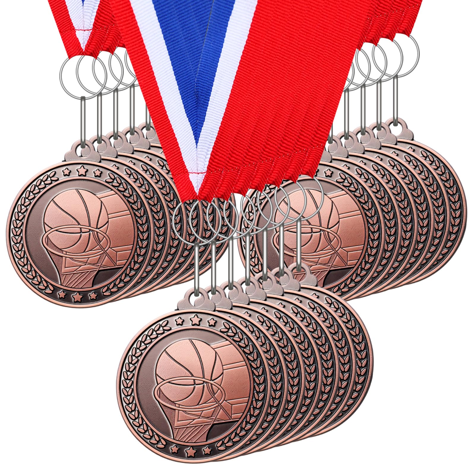 Remuuly 30 opakowań brązowych medali luzem, 2 cale medale nagrody trofea uczestnictwa drużyny z czerwoną białą i niebieską wstążką w paski na konkursy, uroczystości, nagrody, prezent, imprezy o