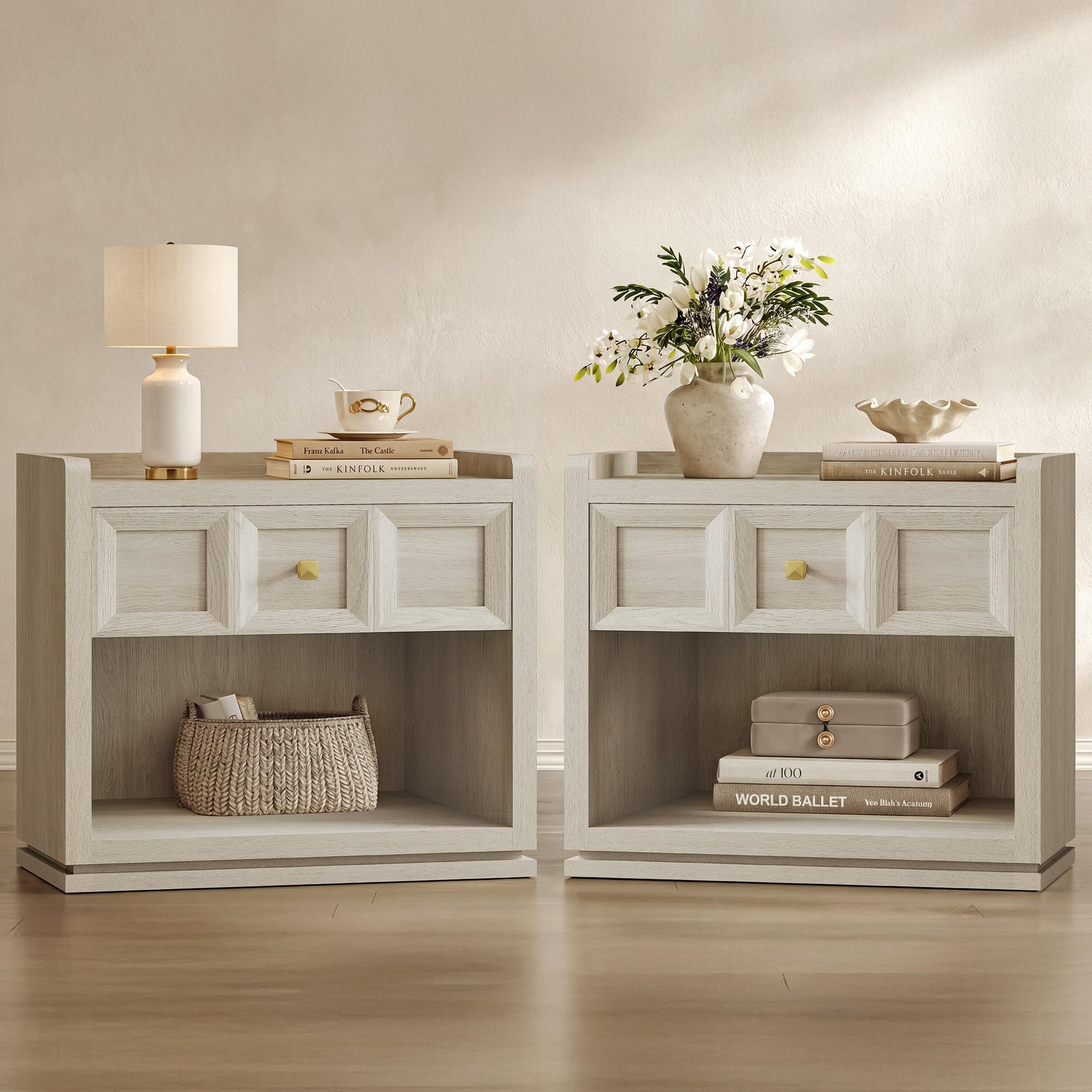 SICOTAS Nightstand Set of 2 Grey White Oak