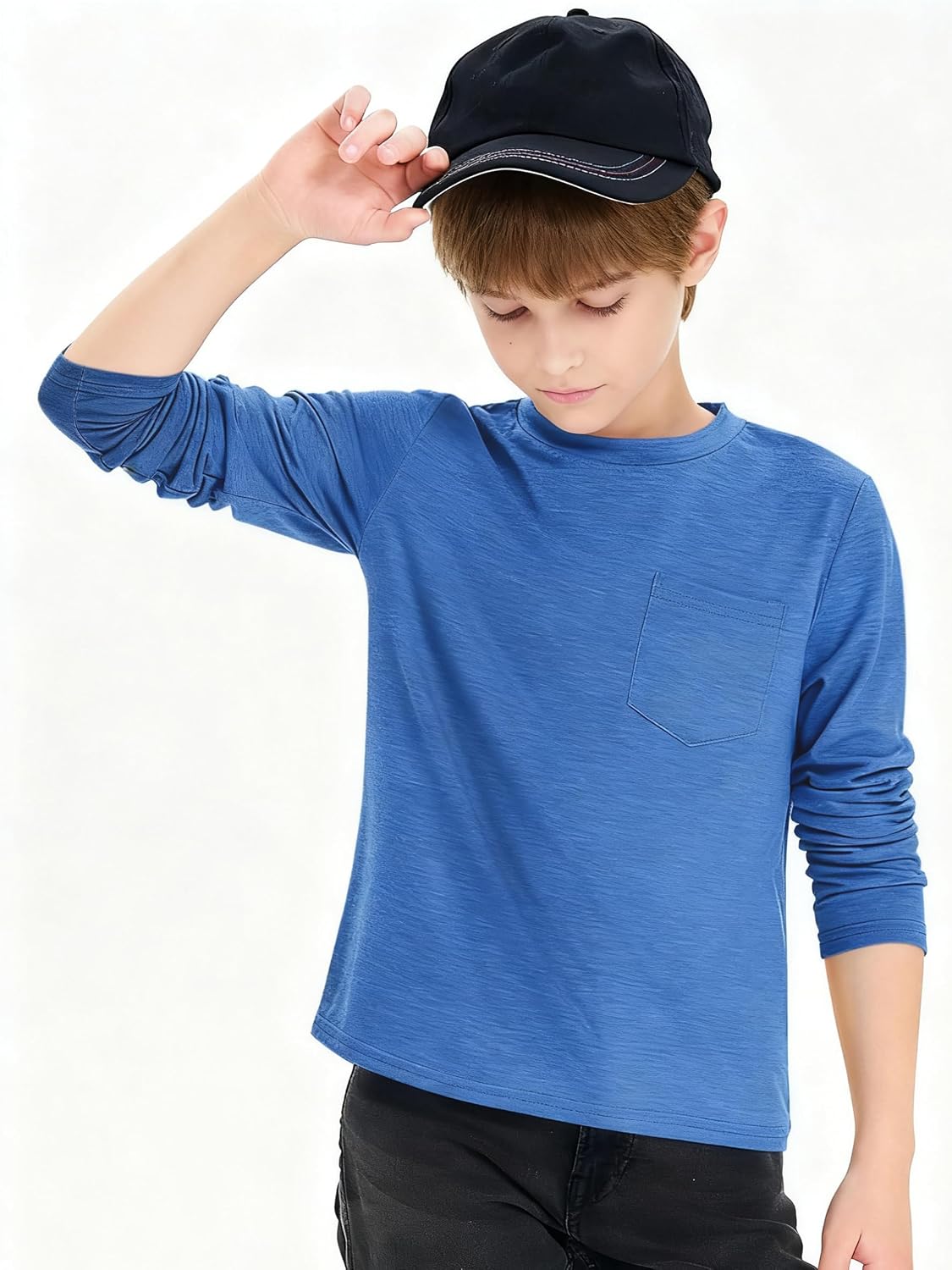 Boys Long Sleeve Crewneck Shirt Tee Top Solid Chest Pocket