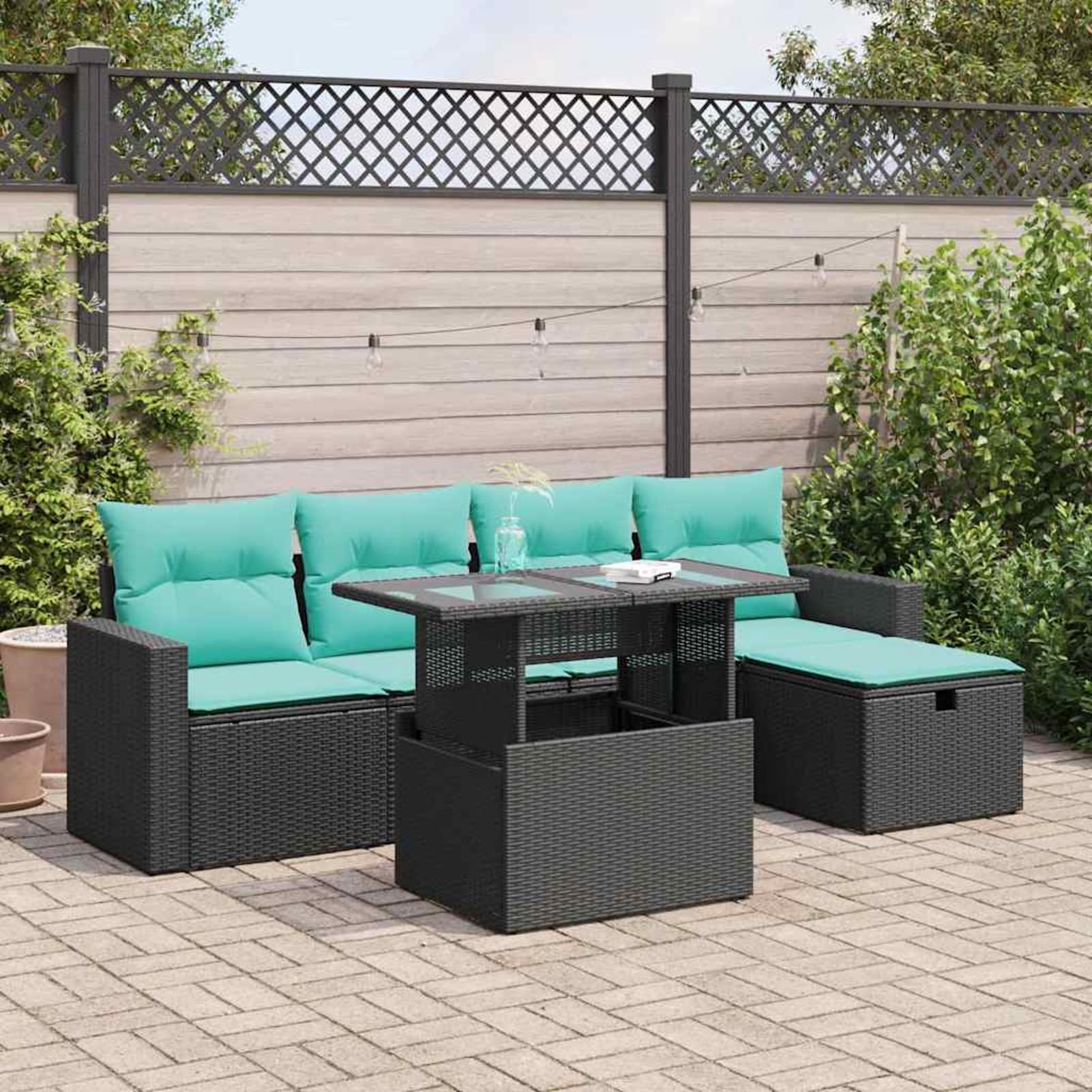 Set Divano da Giardino 6pz con Cuscini Grigio in Polyrattan, materiale resistente e facile da pulire, spazio di conservazione con custodia resistente all'acqua, cuscini sfoderabili e lavabili, per arr