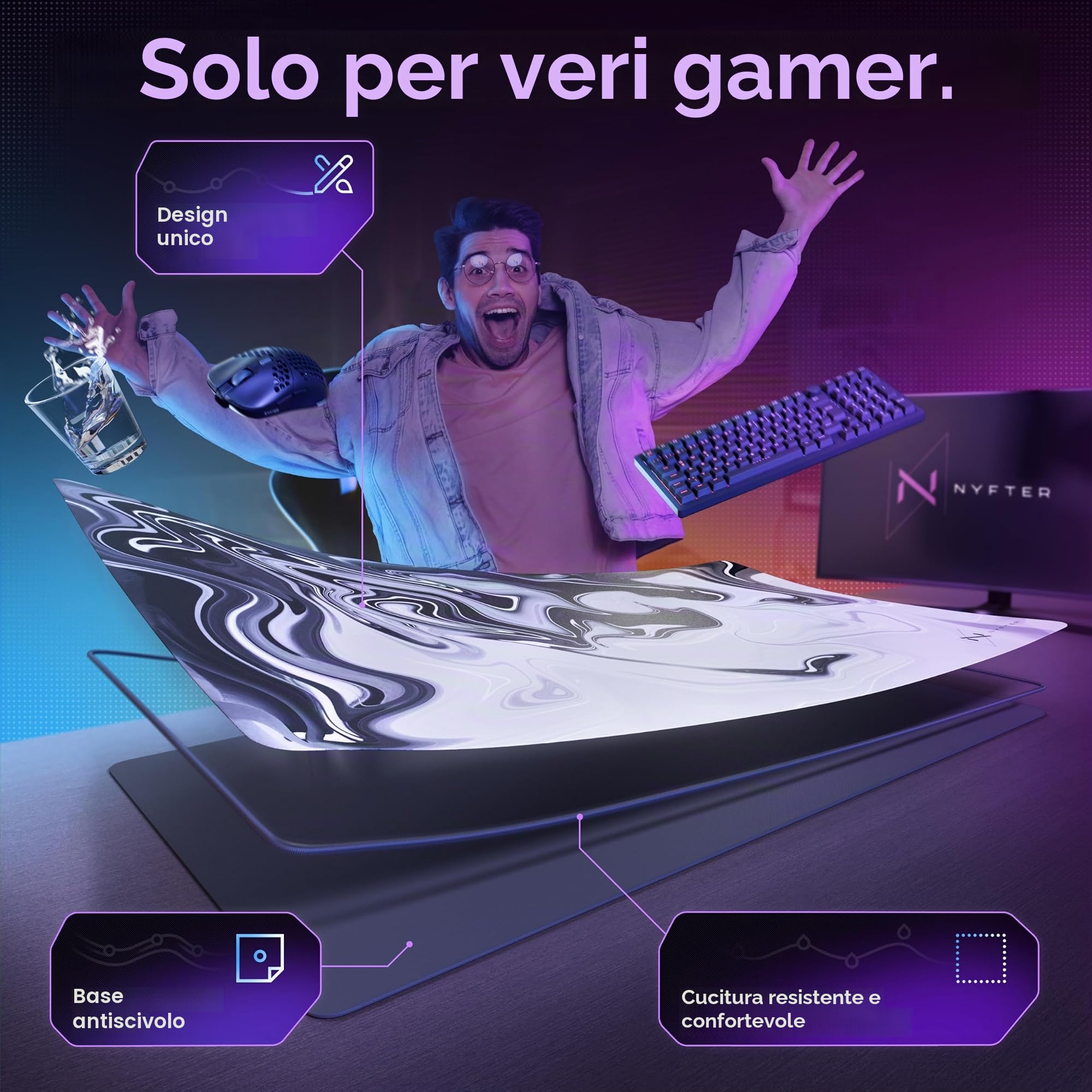 Nyfter Nyfpad - Tappetino per mouse da gioco di alta qualità, XXL, 900 x 500 mm, design liquido, senza onde con bordi cuciti (bianco-nero)