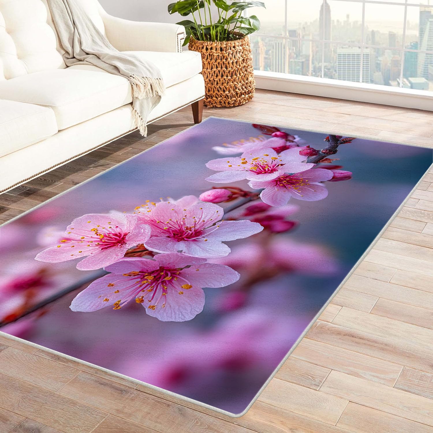 Tapis de Salon Imprimé Coloré Branche de pêche en Poudre pour Salon, Chambre, Bureau(Rose pâle)-90x120cm