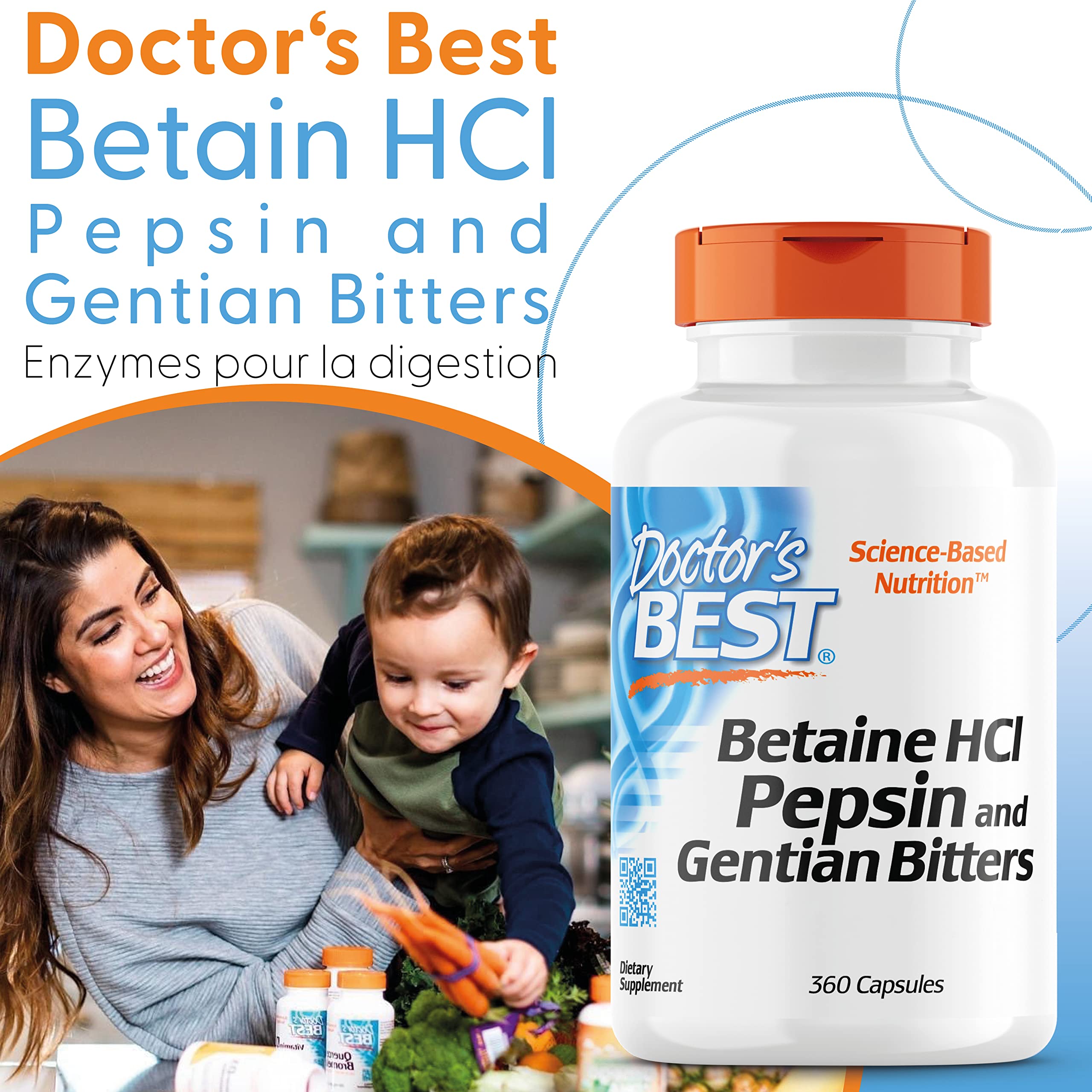 Doctor's Best, Betaine HCI avec Pepsine et Gentiane Amère, 650 mg, 360 Capsules molles, Hautement Dosé, Testé en Laboratoire, Sans Soja, Sans Gluten, Non-GMO