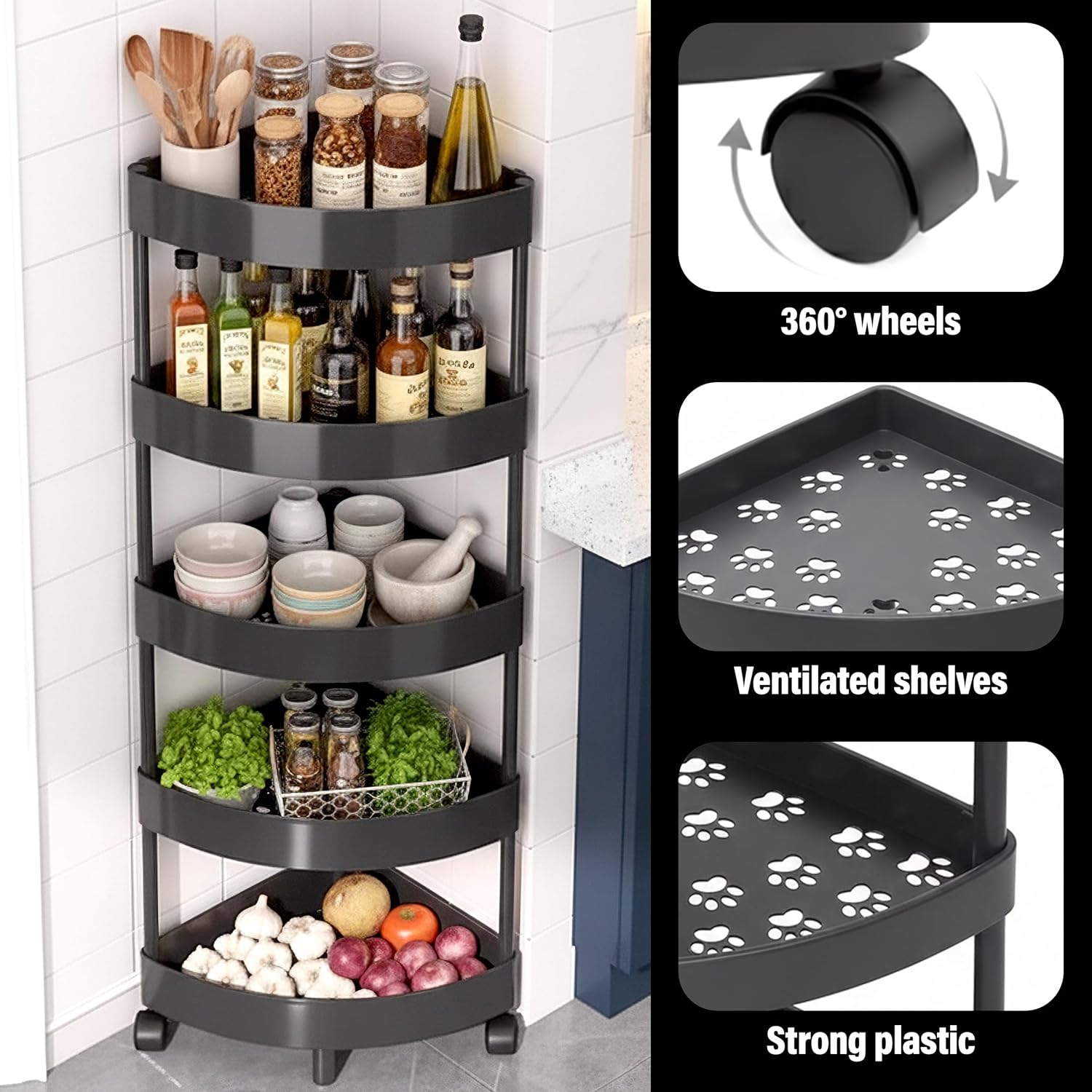 Durable 5-Tier Corner Storage Shelf with Wheels – Triangle Rolling Rack for Bathroom Organizers and Storage – Space-Saving Black Plastic