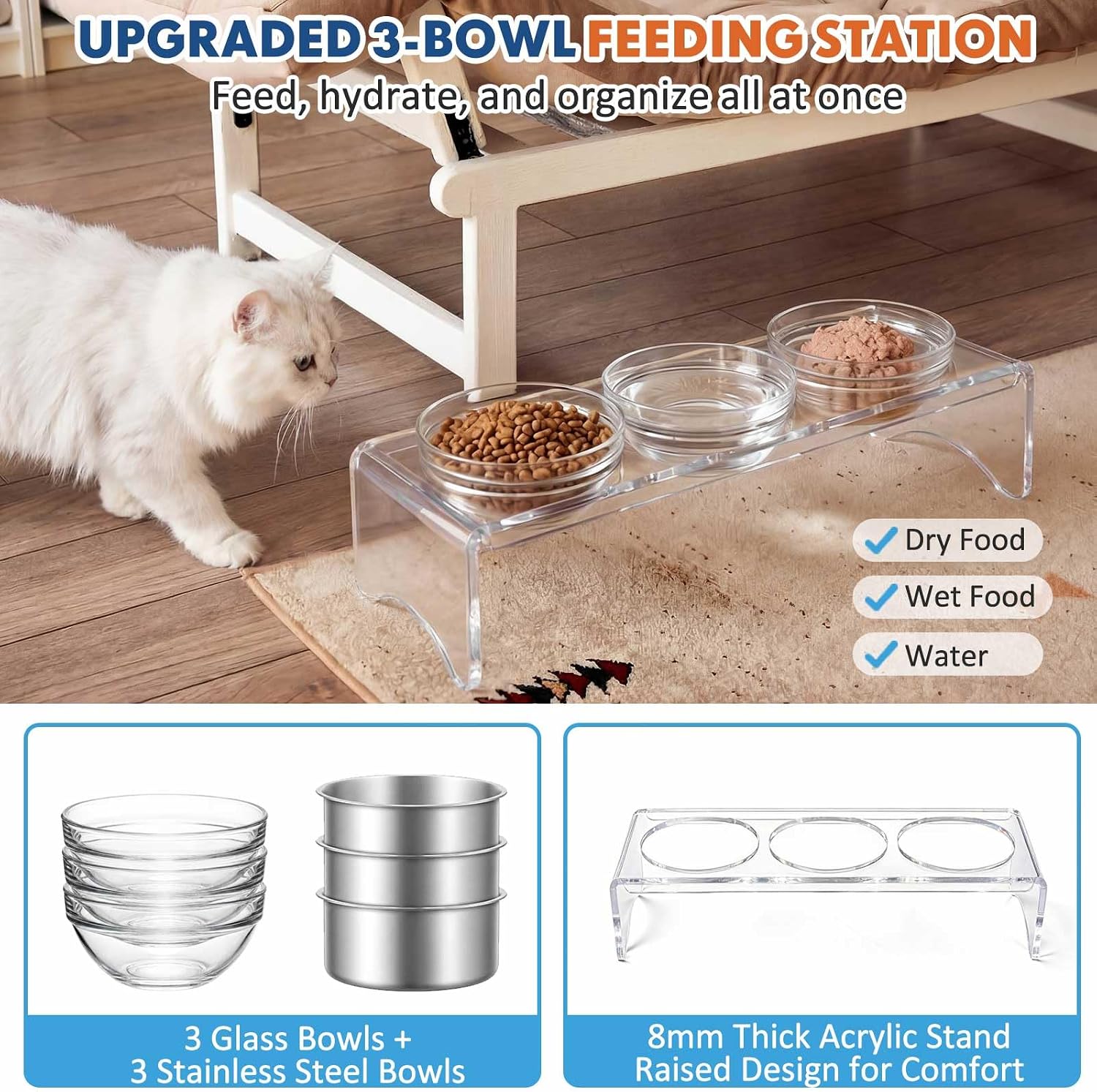 Elevated Acrylic Dogs Bowl Stand, 3.75" Tall Raised Cat & Dog Bowls with 3 Stainless & 3 Glass, Non-Slip, Easy to Clean, Raised Dog Bowls for Small Dogs, Cats, Pets, Puppy