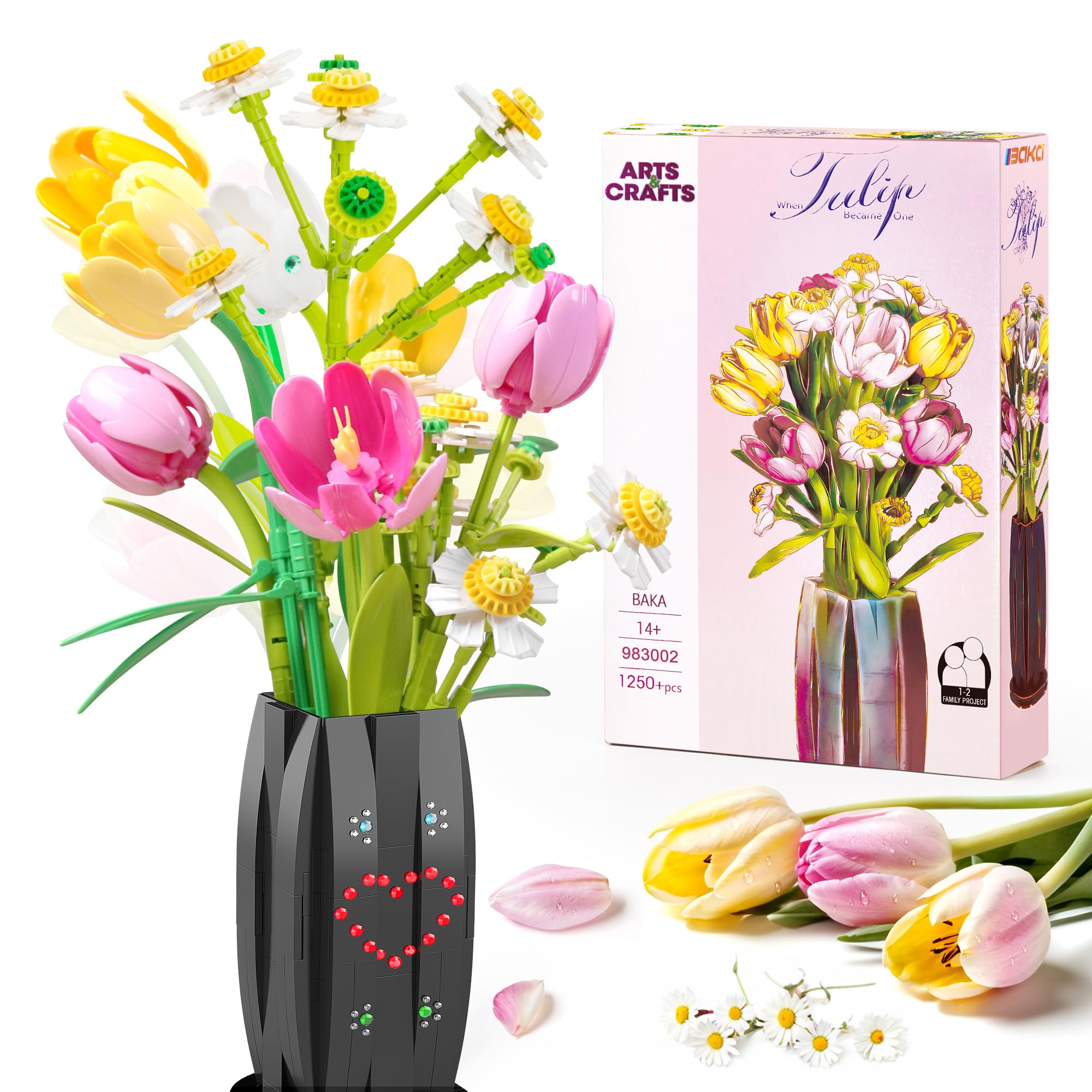 A visual representation of the BAKA Tulips Flowers Bouquet Building Set components, including individual flower parts, diamond stickers, and the instruction manual, highlighting the creative building process.