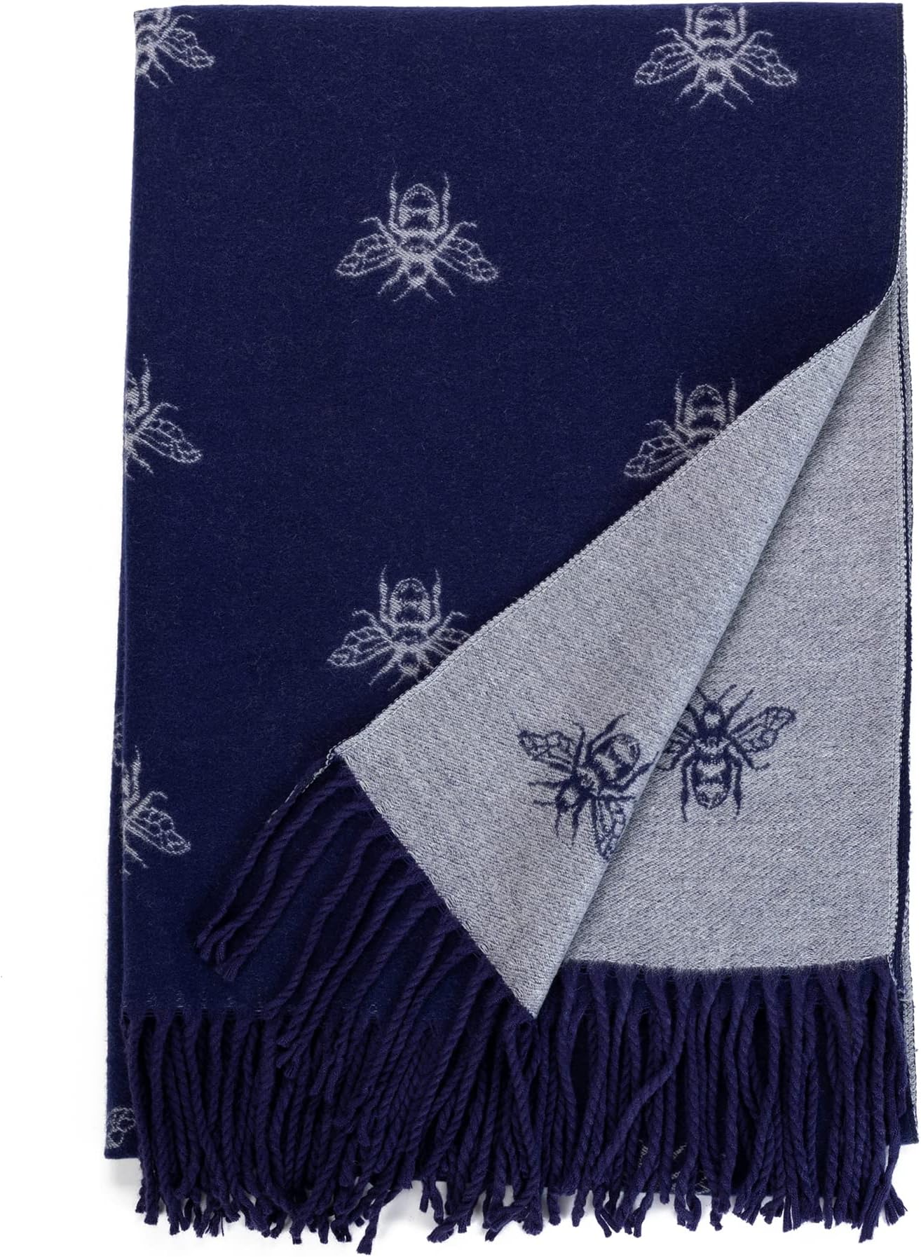 Winter Warmer Reversible Thick Long Navy with Silver Bumble Bee Print Fashion Scarf Blanket Wrap
