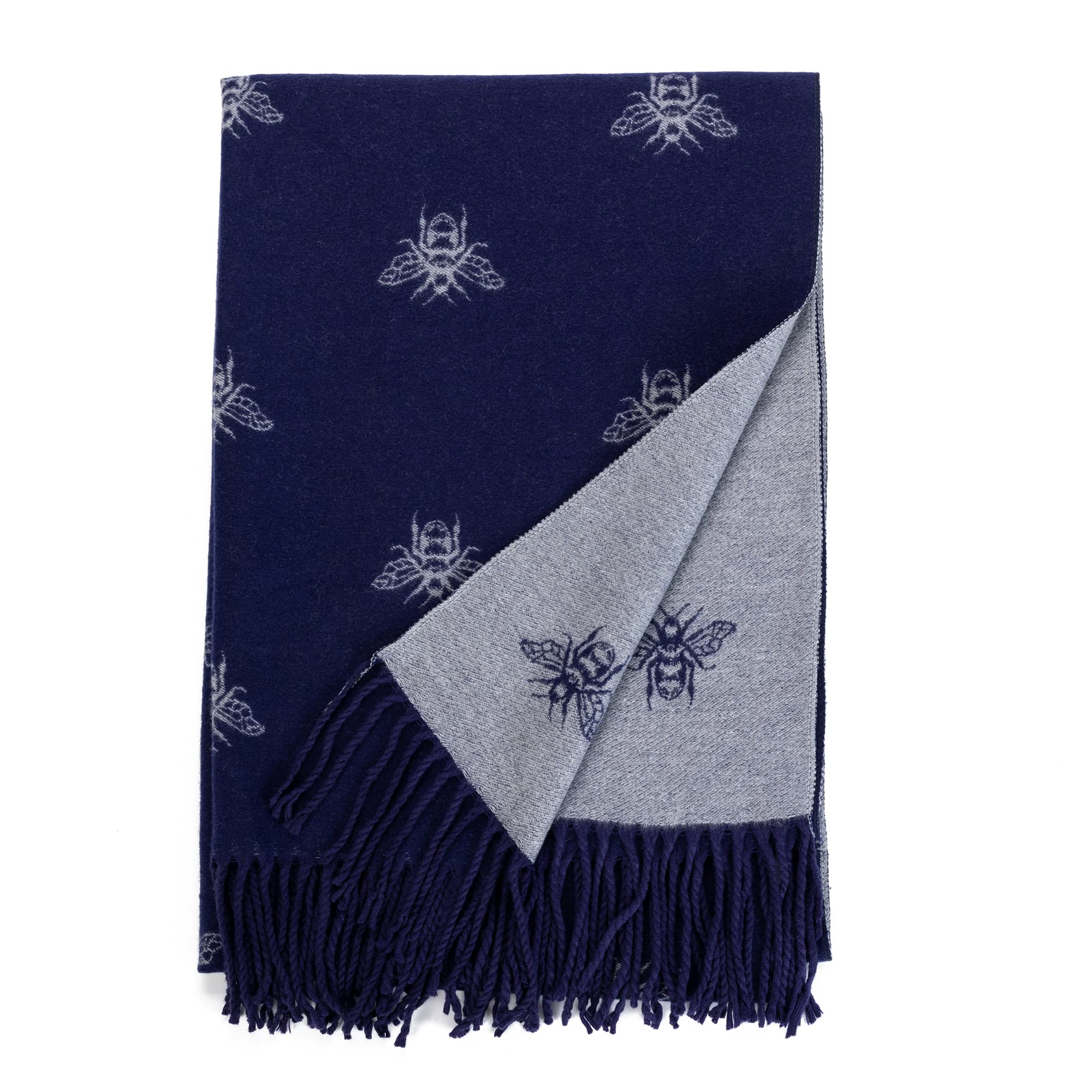 Winter Warmer Reversible Thick Long Navy with Silver Bumble Bee Print Fashion Scarf Blanket Wrap