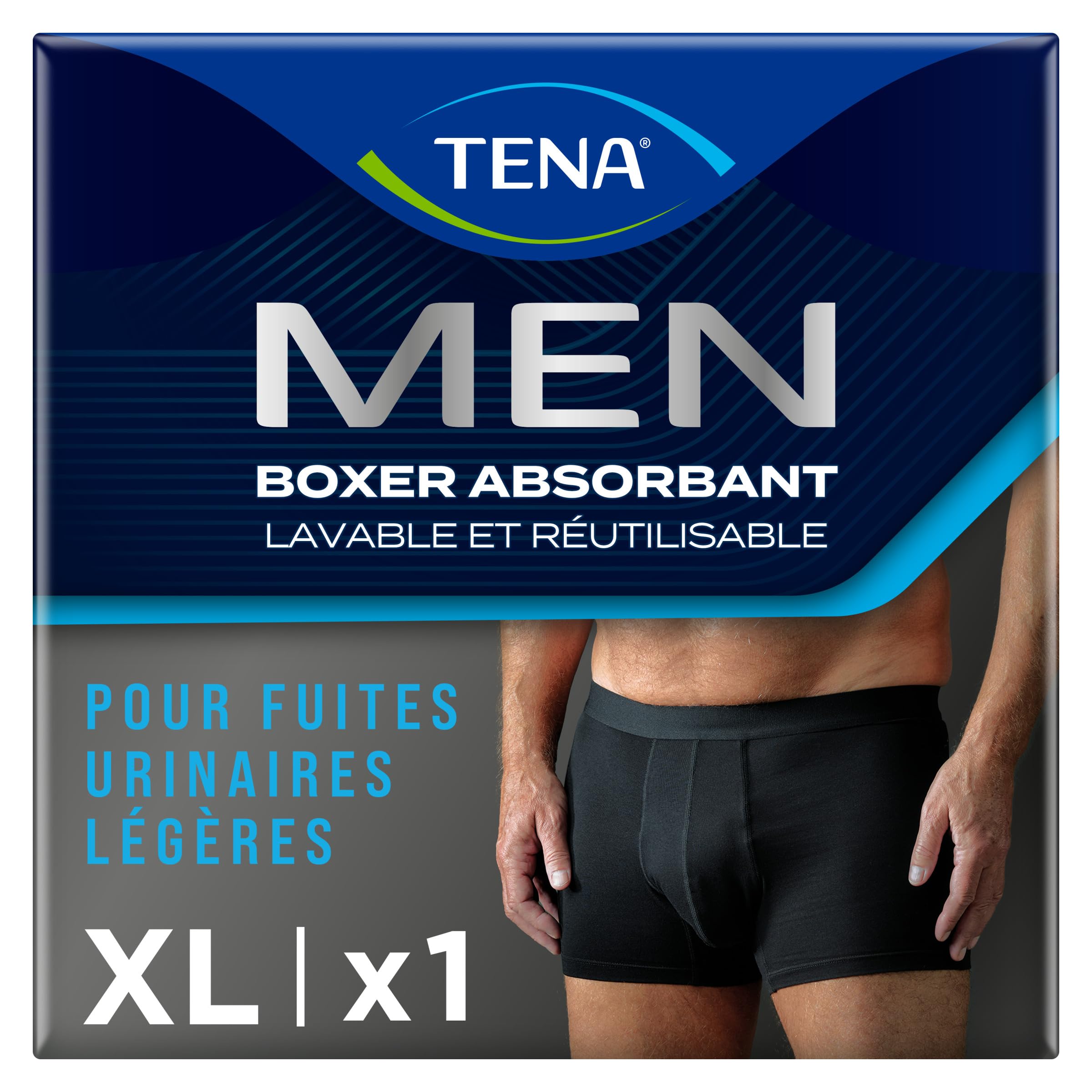 TENA Men Boxer Absorbant Lavable Réutilisable - Noir - Taille XL | Fuites Urinaires Légères - Absorption rapide - Zone d'Absorption Invisible - Discret
