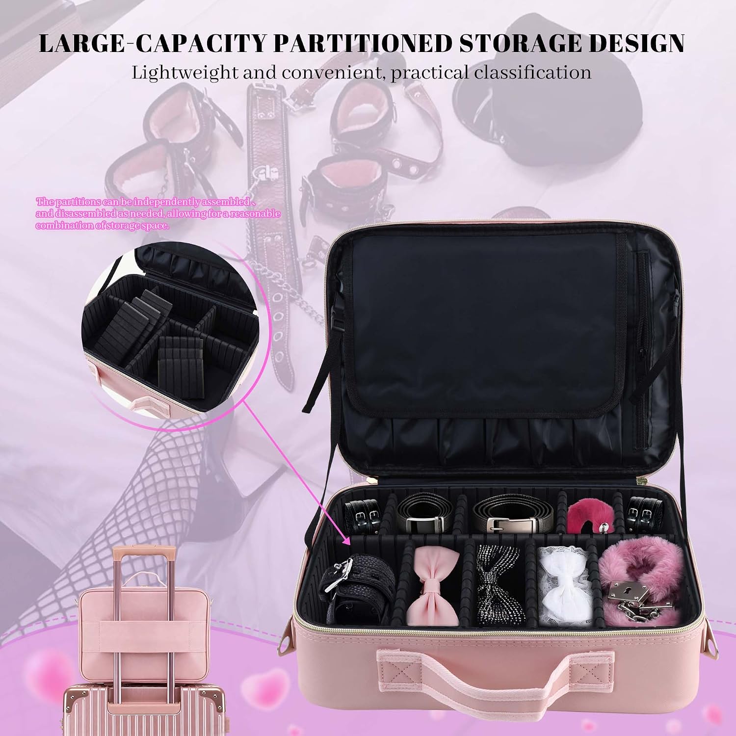 Lockable PU Leather Toy Storage Bag with 4 Drawstring Bags Pink Discreet Toy Storage Case with Multi Grid Private Personal Items Storage Box Travel Storage Organizer for Women and Men
