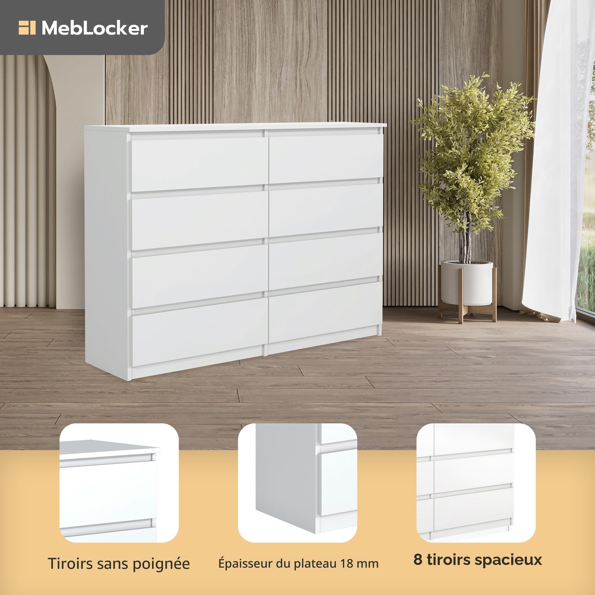 Commode 8 Tiroirs Blanc 120 cm - Design Minimaliste - 120 x 39 x 78,5 cm - Meuble de Rangement Spacieux pour Chambre, Salon ou Bureau