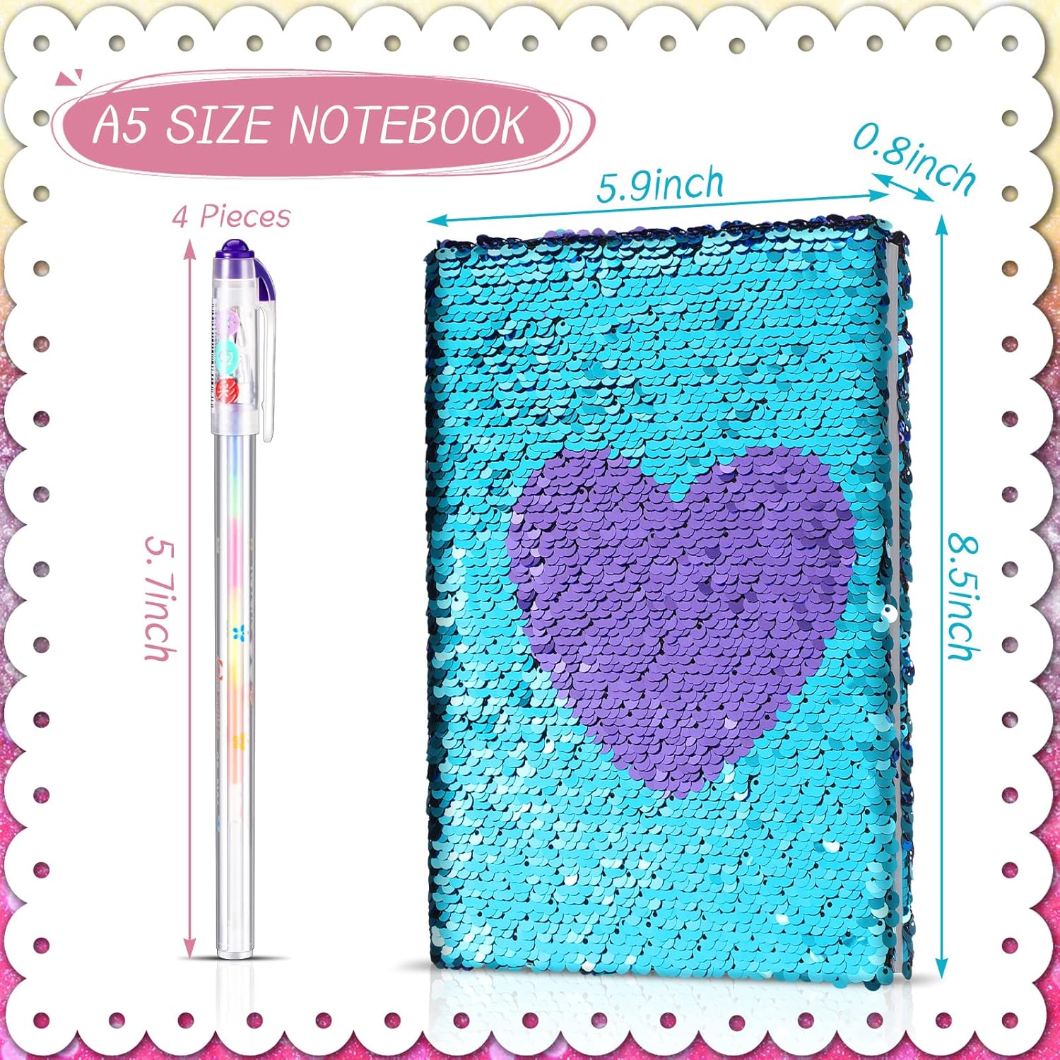 Outus 4 Pcs Sequin Girls Journal Valentines Journal Gift with Color Gel Ink Pens Glitter Notebook Flip Writing Diary for Kids Girl Writing Drawing Travel Gifts(Blue Purple,Heart)