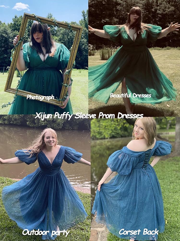 Amazon.com: Xijun Puffy Sleeve Prom Dresses with Slit V-Neck