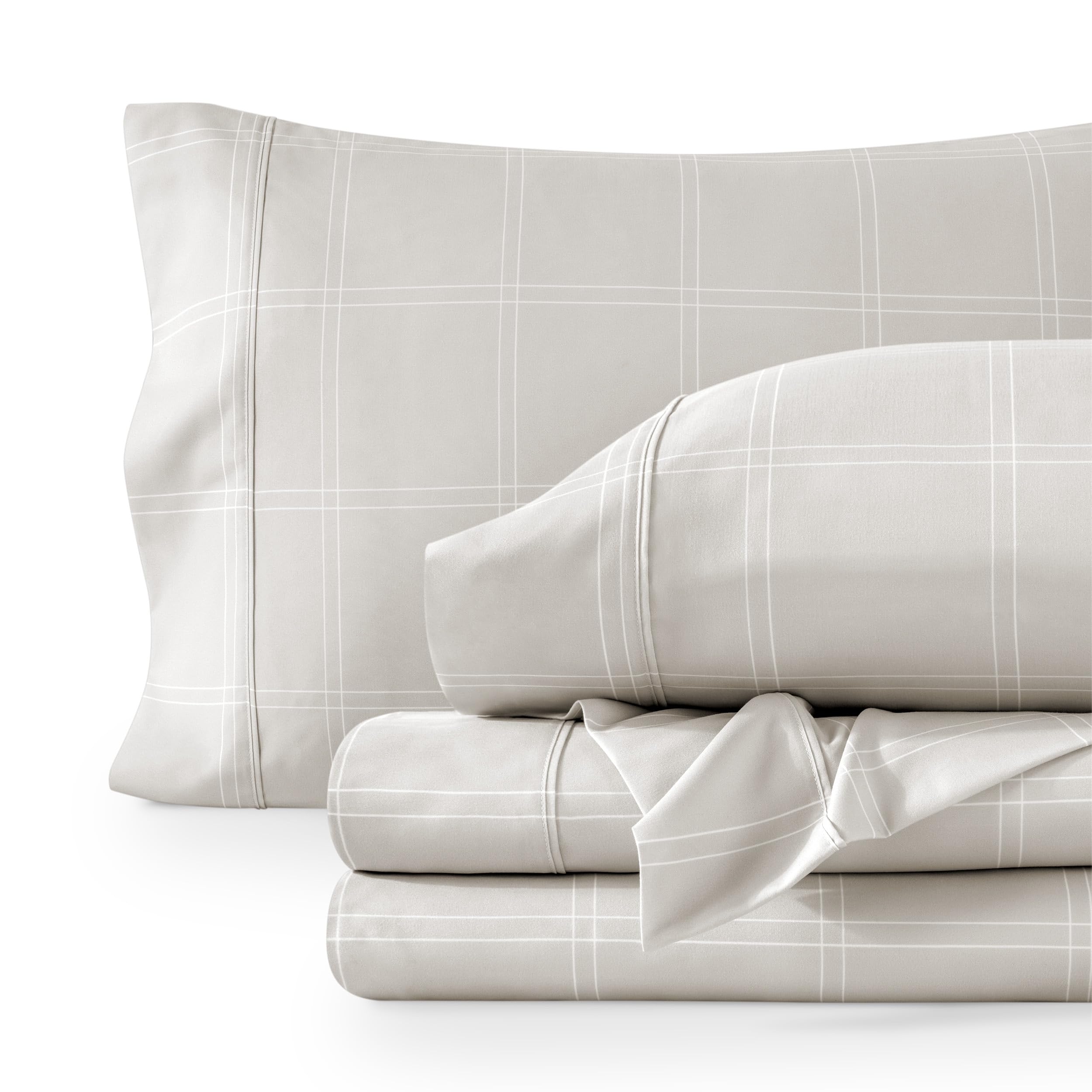 Bare Home King Sheet Set - Luxury 1800 Ultra-Soft Microfiber Double Brushed - Deep Pockets - Easy Fit - 4 Piece Set - Bedding Sheets & Pillowcases (King, Modern Plaid - Stone/White)