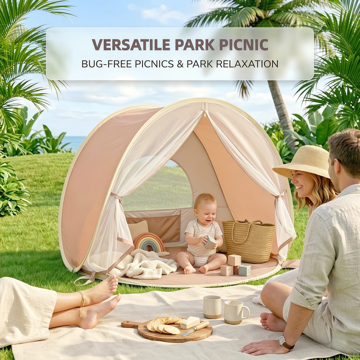 Baby Beach Tent, Pop Up Baby Tent with UV Protection, 37"x29"x33" Baby Sun Shade, Portable Baby Beach Essentials | 1.2lbs Lightweight, Sand-Proof Mesh Door, 4 Steel Stakes & Carry Bag