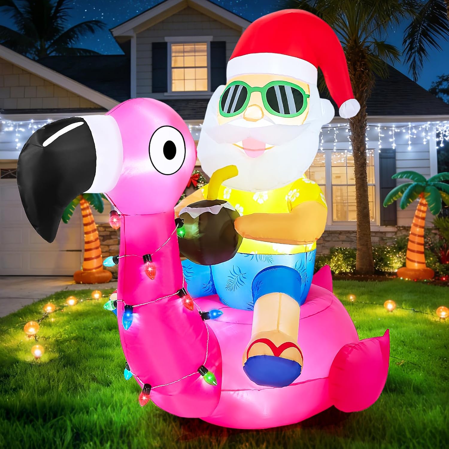 Christmas in July Hawaiian Santa Claus Riding Flamingo Inflatable Decoration 5FT Tropical Summer Beach Party Decor Blow up Outdoor Yard Garden Lawn Pool Xmas Holiday
