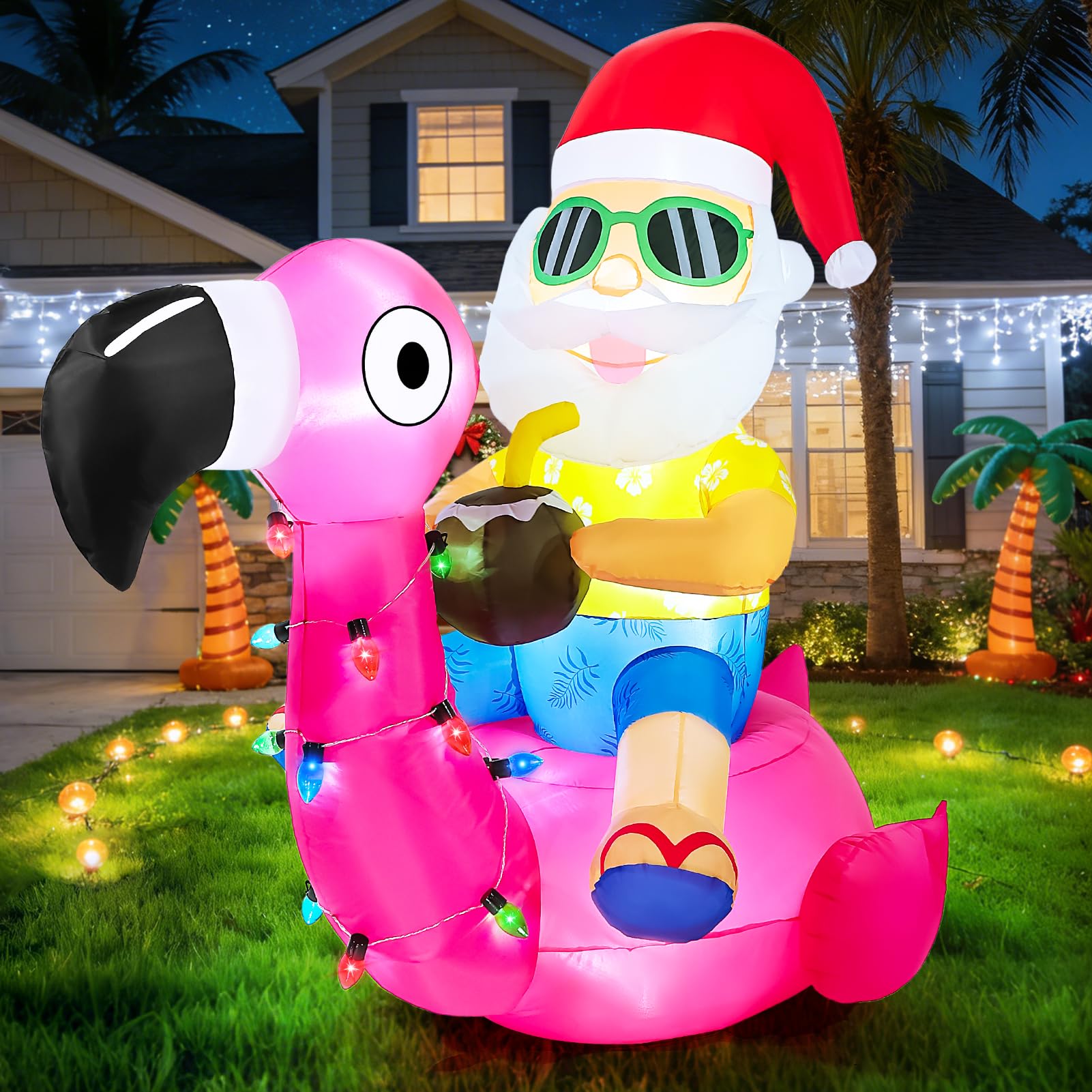 Photo 1 of Christmas in July Hawaiian Santa Claus Riding Flamingo Inflatable Decoration 5FT Tropical Summer Beach Party Decor Blow up Outdoor Yard Garden Lawn Pool Xmas Holiday