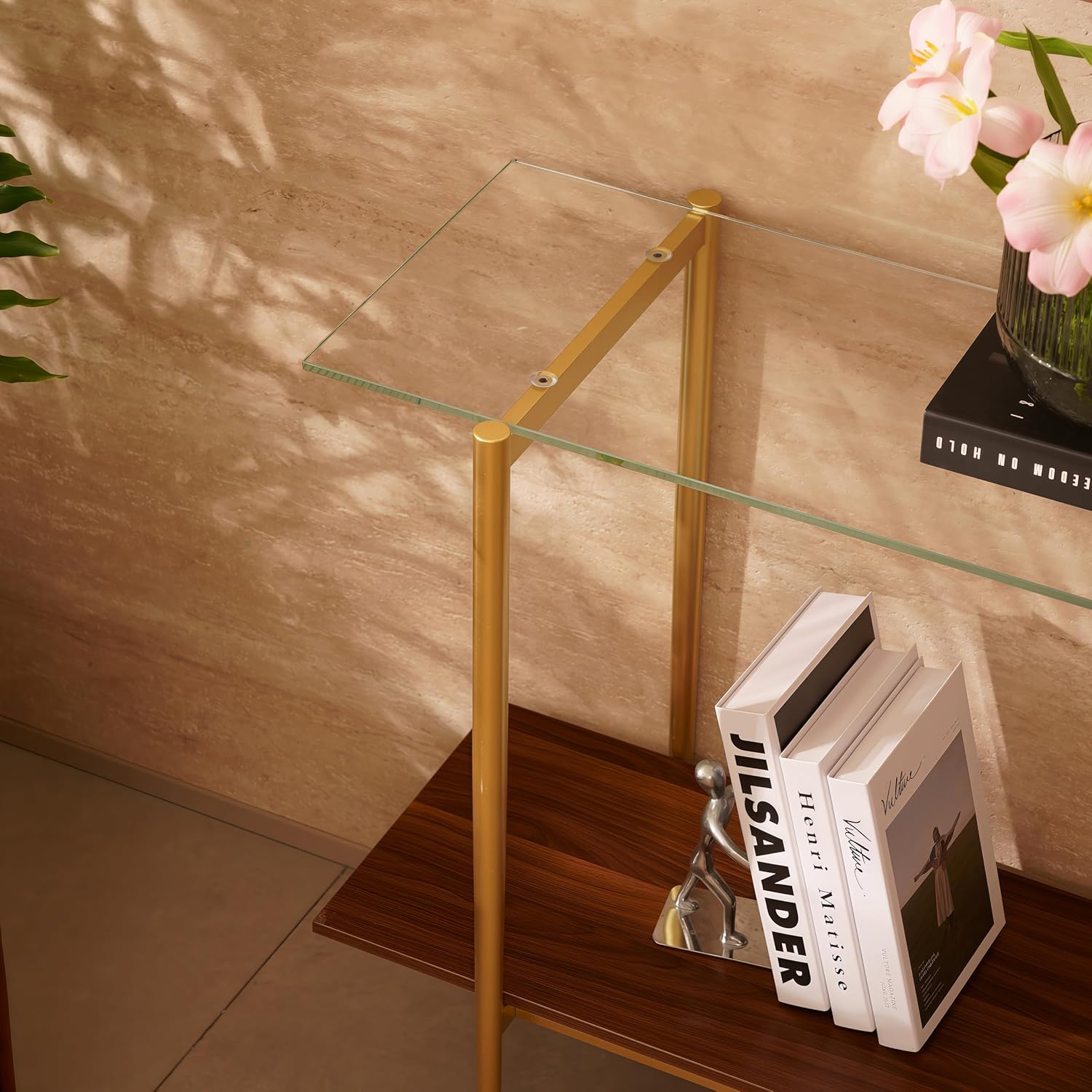 Glass Console Table for Living Room, Foyer & Entrance, 2-Tiers Mid-Century Modern Sofa Table with Clear Glass Top, 41" D x 14" W x 31.5" H, Walnut Finish Wood Shelf and Gold Finish Frame