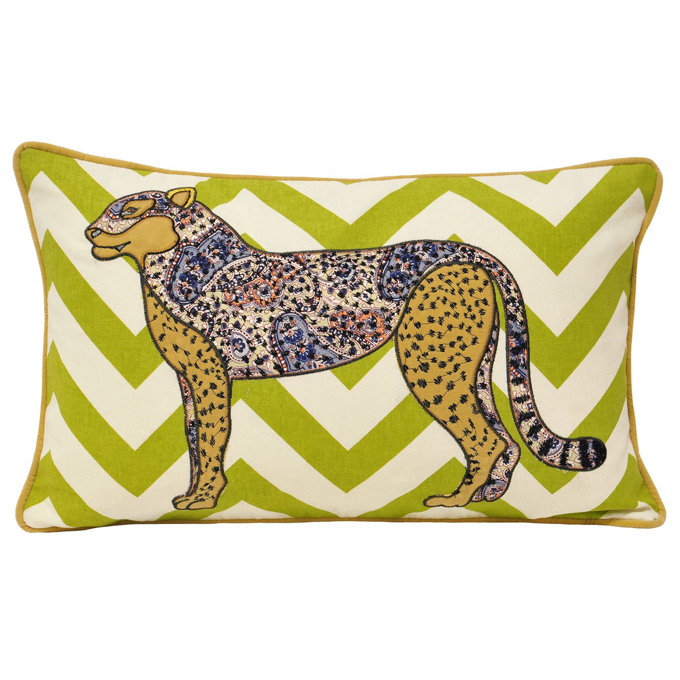 Riva Paoletti Kruger Cheetah Cushion Cover - Lime Green - Appliqued Cheetah Design - Chevron Background - Piped Edges - Machine Washable - Viscose and Linen - 30 x 50cm (12" x 20" inches)
