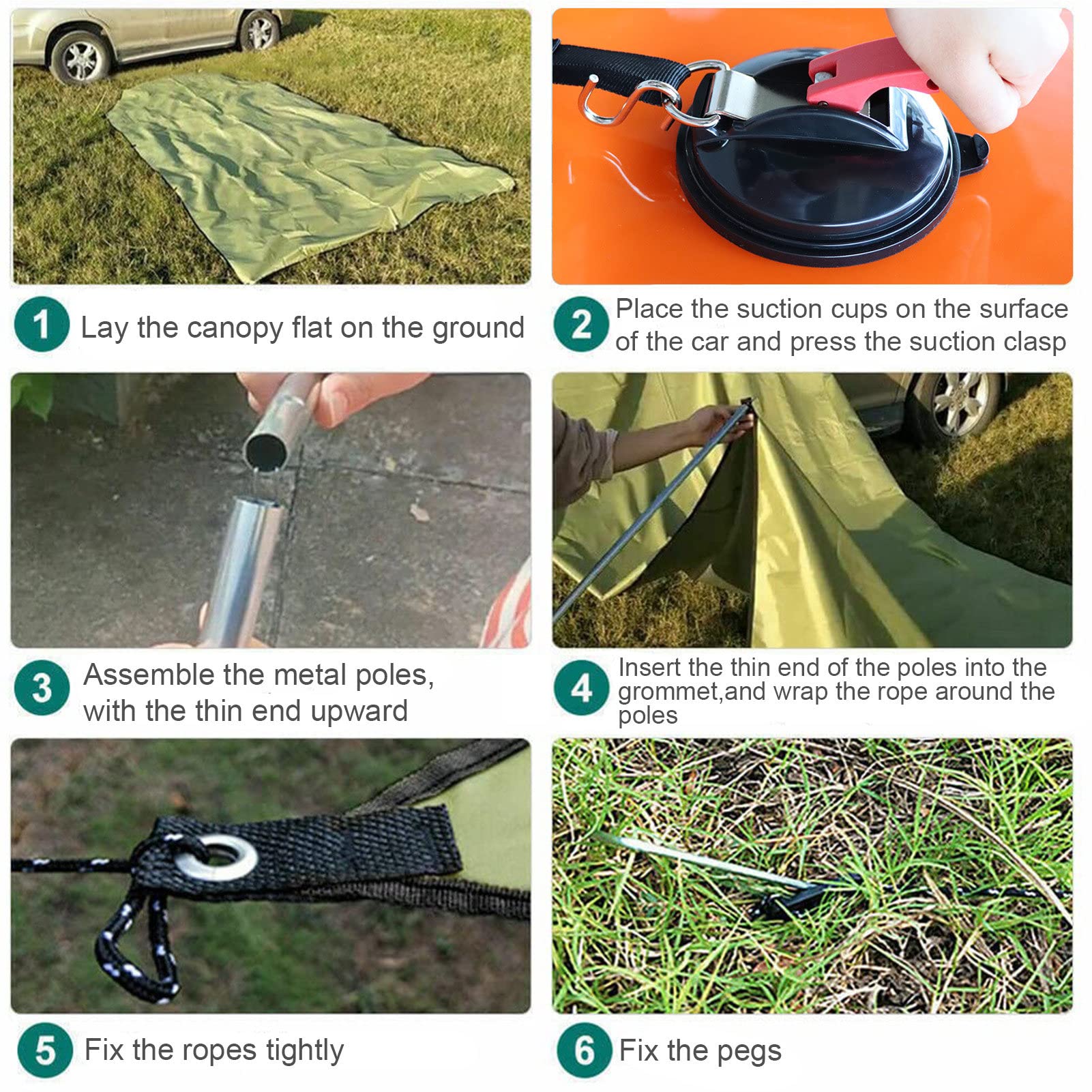 Tenda da campeggio per auto, tenda da campeggio, pieghevole, per auto, furgoni e camion, kit baldacchino portatile con ventose, picchetti e aste regolabili, 2 x 3 m