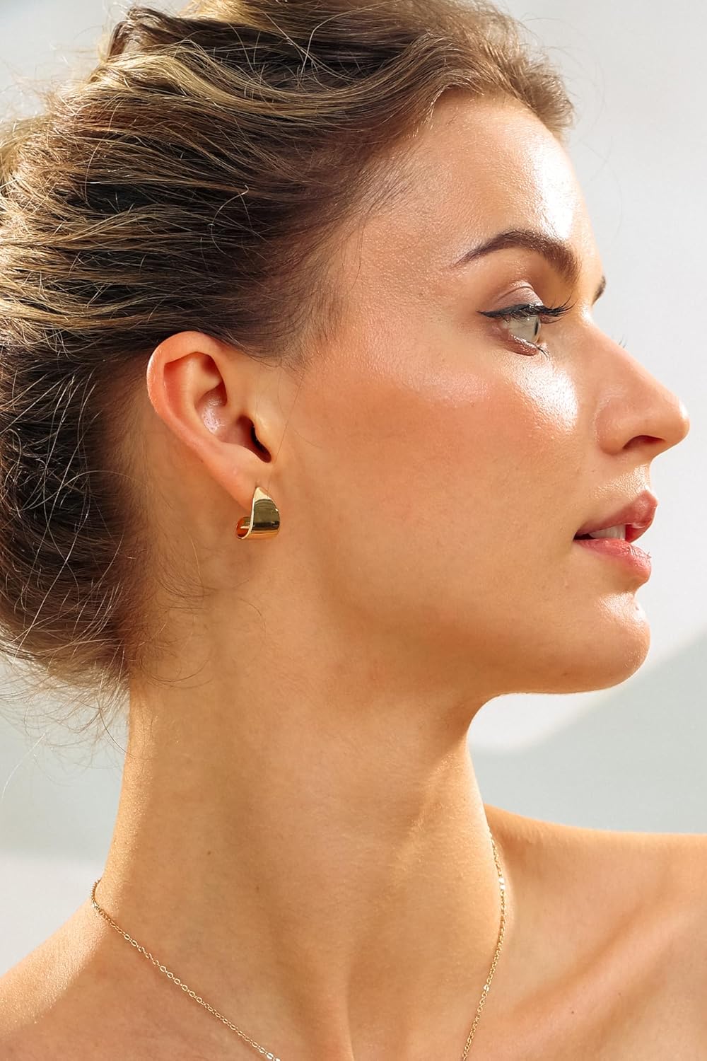 Wide Flat Polished Half Hoop Earrings | Chunky Hoop Earrings | Statement Huggie Hoops for Women | Lightweight Gold Dome Earrings - Image 2