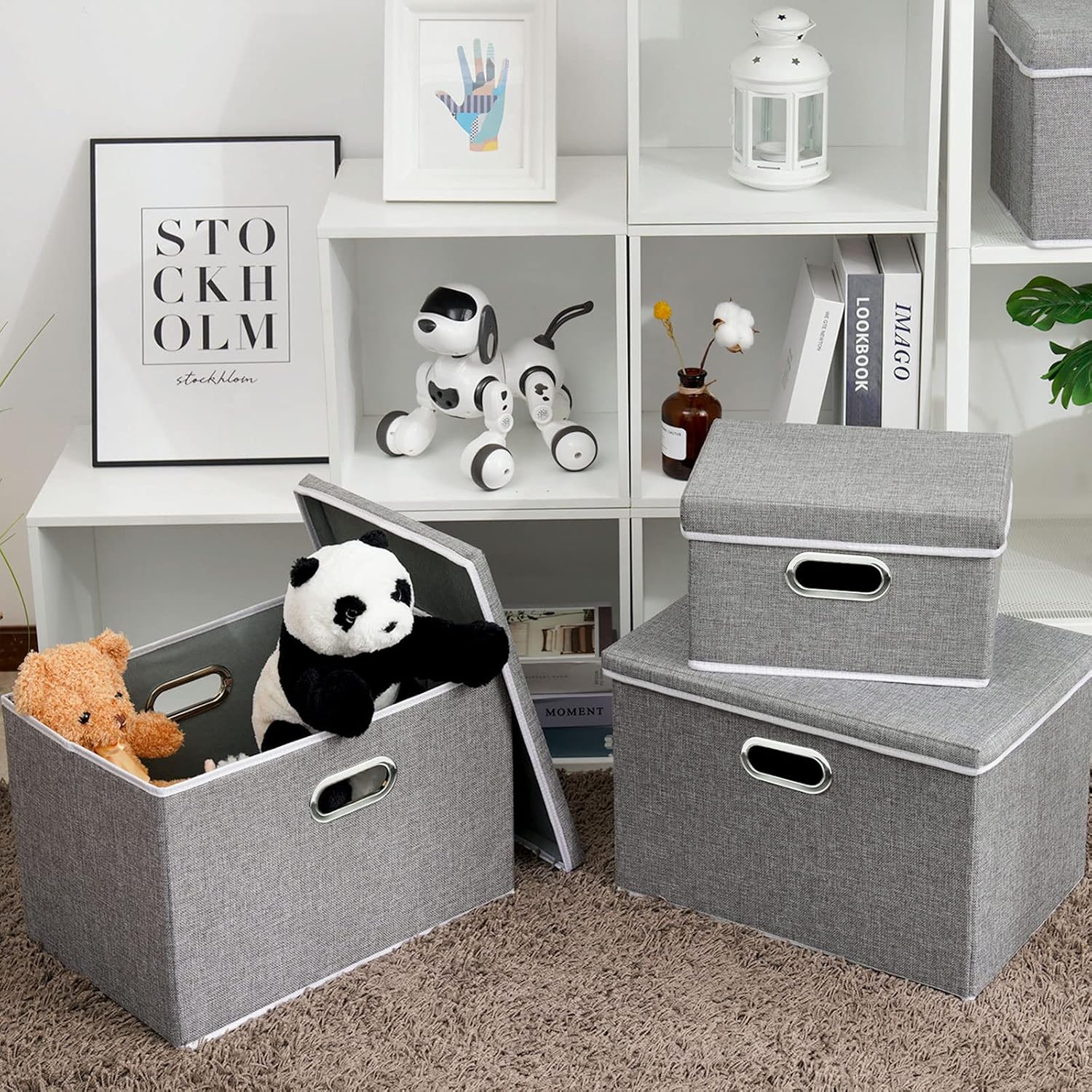 Yawinhe Storage Box with Lids 3 Pack, Collapsible Clothing Shelf Basket, for Organizing Clothes 32x23x20cm, Grey, SNK023G-3 - Image 3