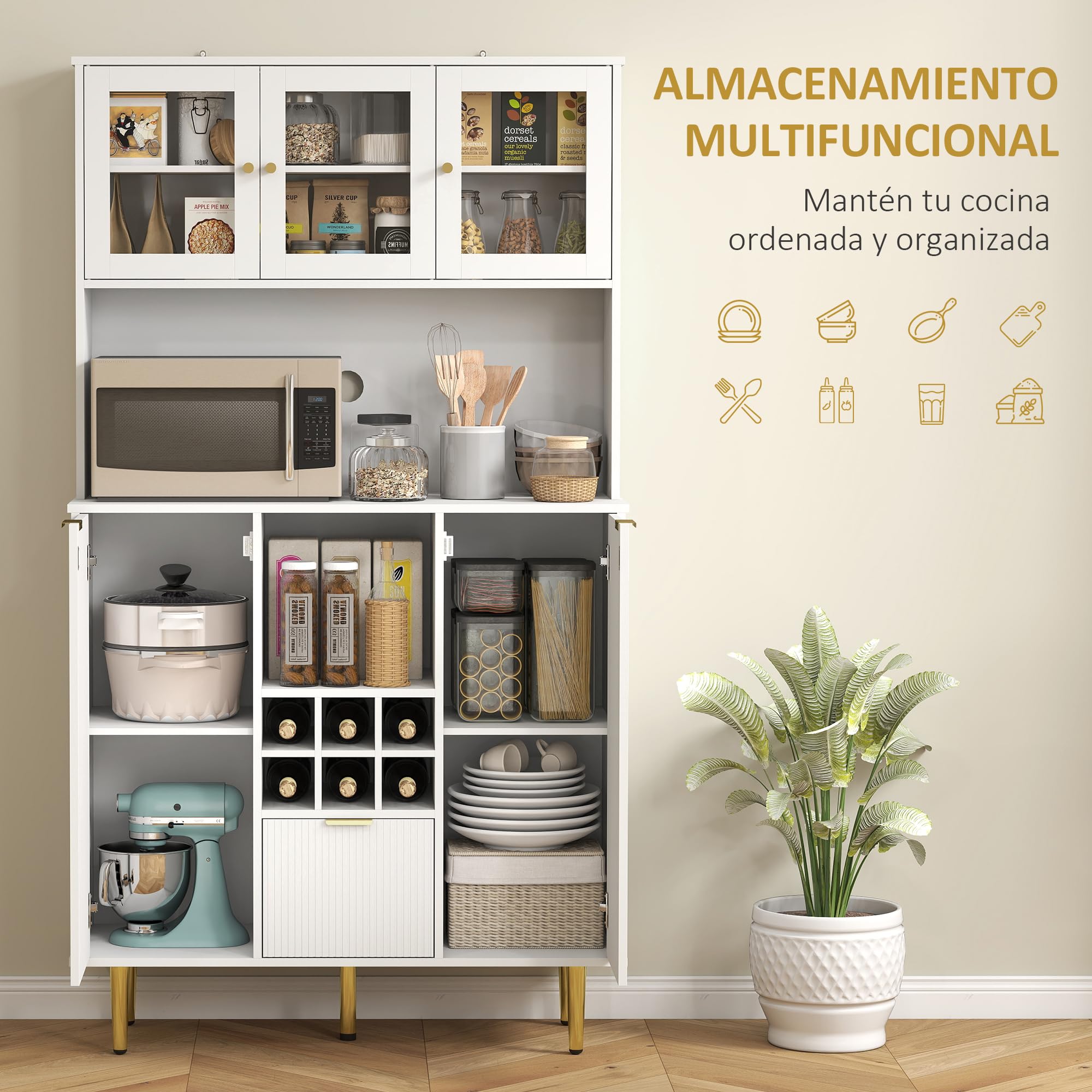 HOMCOM Alacena de Cocina Alto 3 Puertas de Vidrio 100x40x180 cm Blanco | Mueble Auxiliar de Cocina, Aparador, Botellero, Cajón, Estantes Ajustables, Compartimentos Abiertos